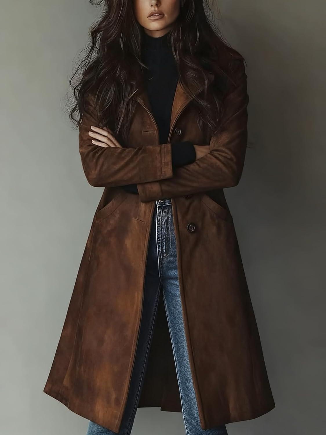 imageutcoco Womens Long Suede Trench Coat Single Breasted Leather Trench Overcoat with PocketDark Brown