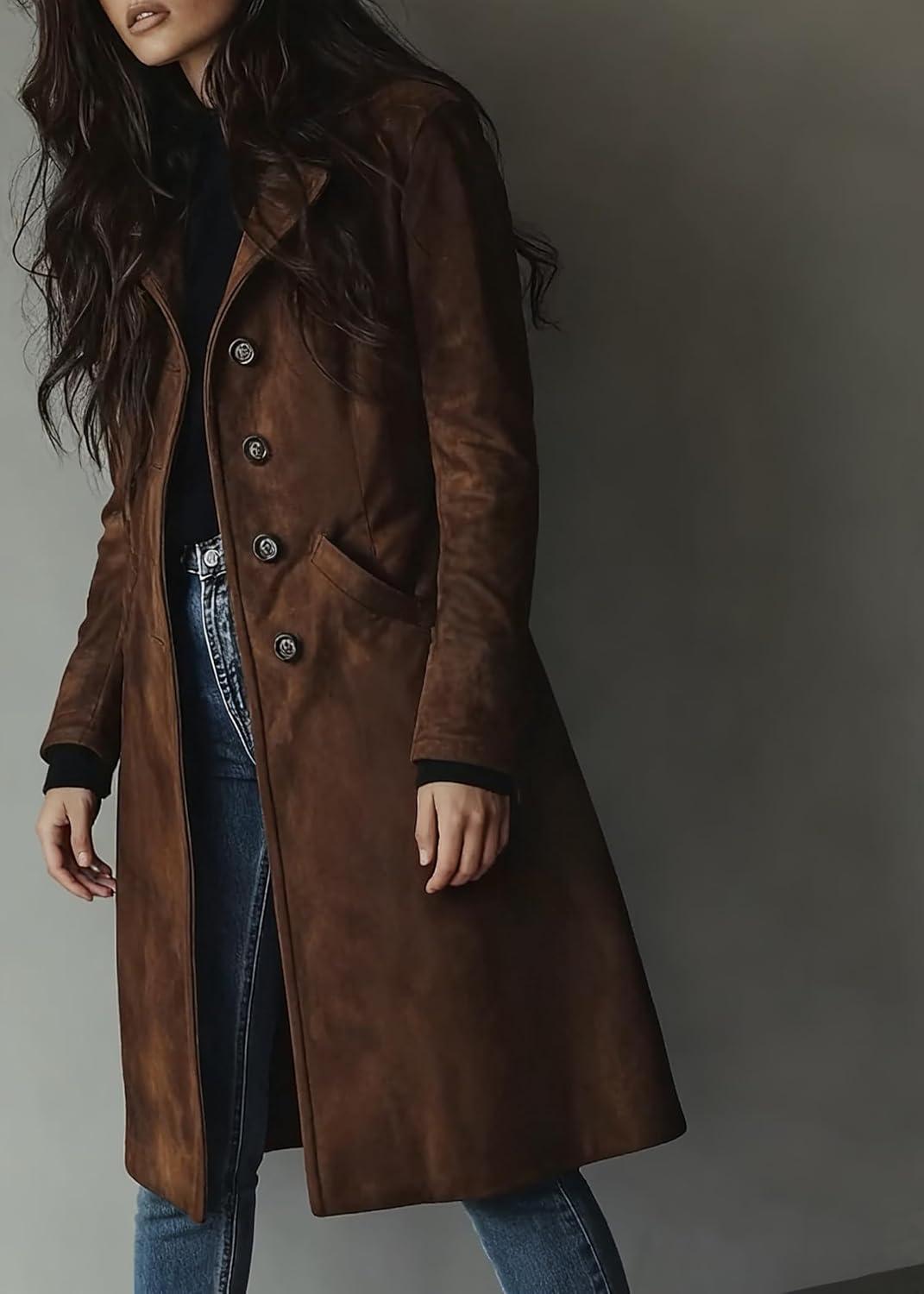 imageutcoco Womens Long Suede Trench Coat Single Breasted Leather Trench Overcoat with PocketDark Brown