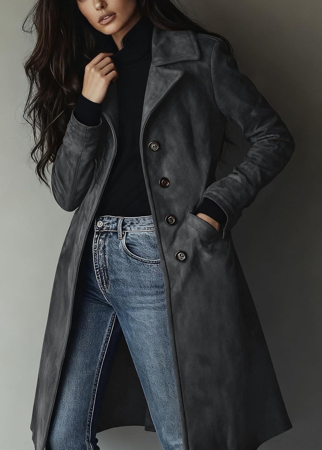 imageutcoco Womens Long Suede Trench Coat Single Breasted Leather Trench Overcoat with PocketDark Grey
