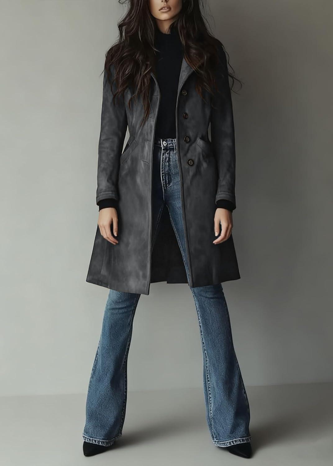 imageutcoco Womens Long Suede Trench Coat Single Breasted Leather Trench Overcoat with PocketDark Grey
