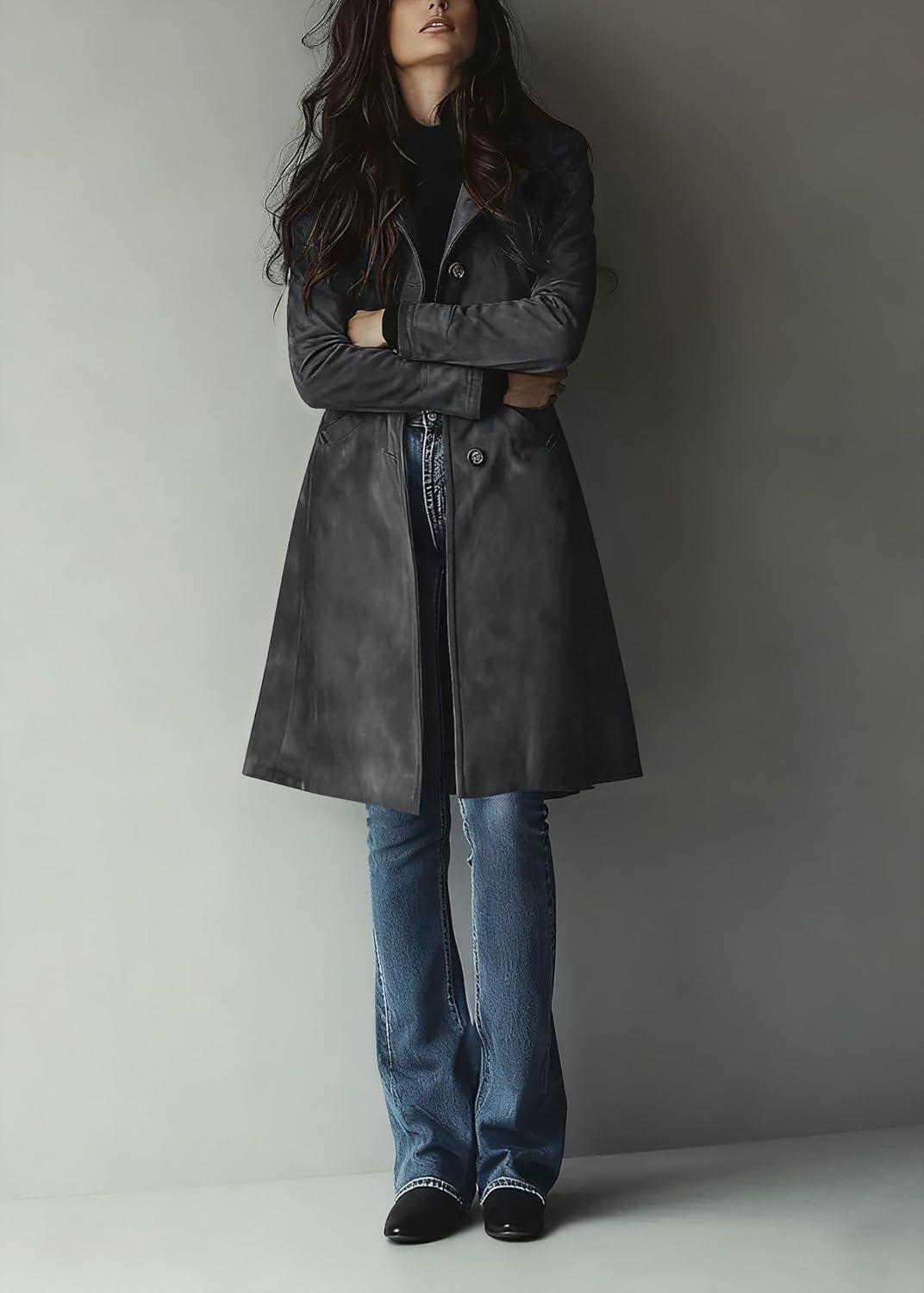 imageutcoco Womens Long Suede Trench Coat Single Breasted Leather Trench Overcoat with PocketDark Grey