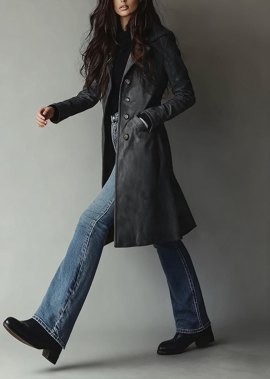 imageutcoco Womens Long Suede Trench Coat Single Breasted Leather Trench Overcoat with PocketDark Grey