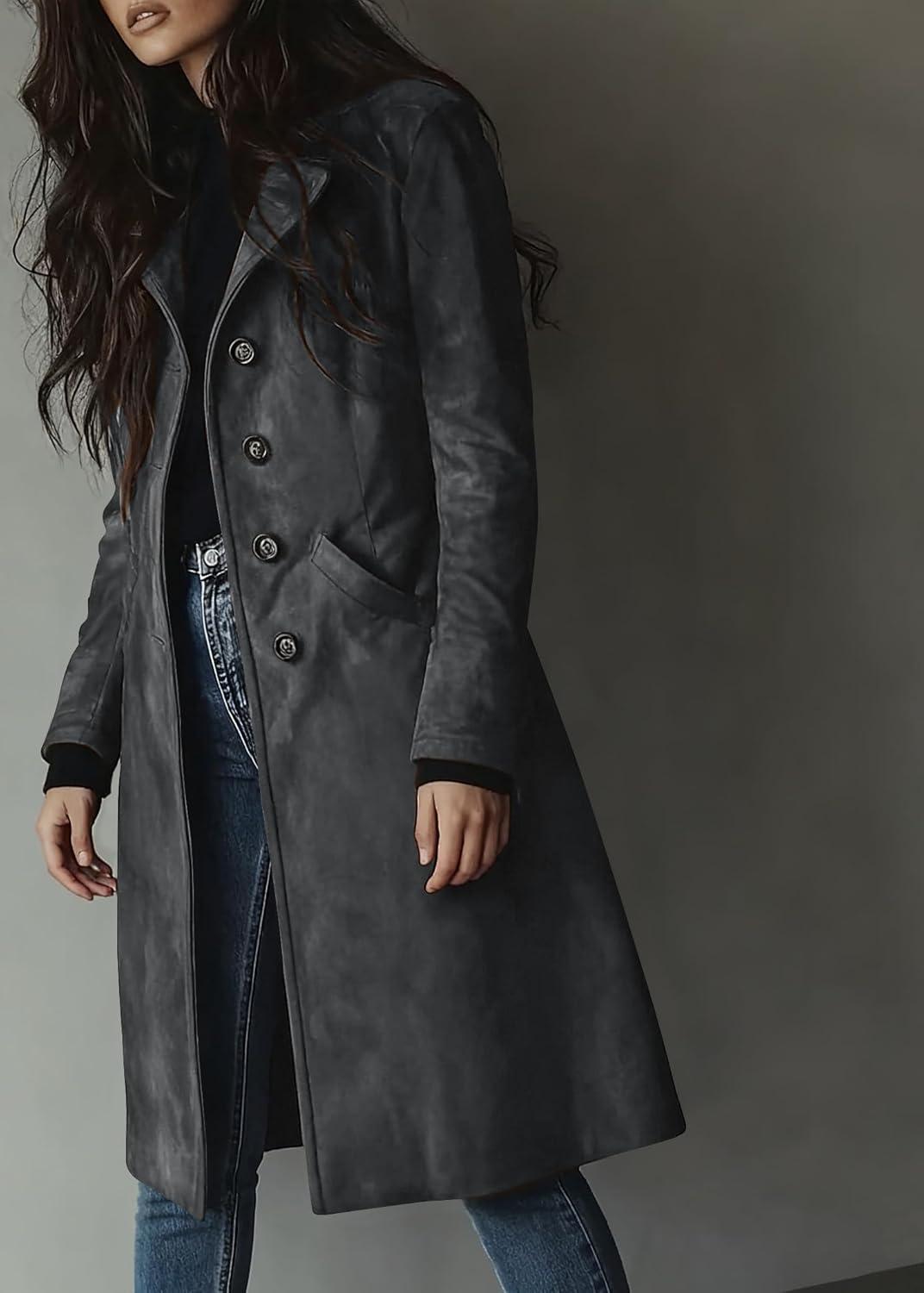 imageutcoco Womens Long Suede Trench Coat Single Breasted Leather Trench Overcoat with PocketDark Grey