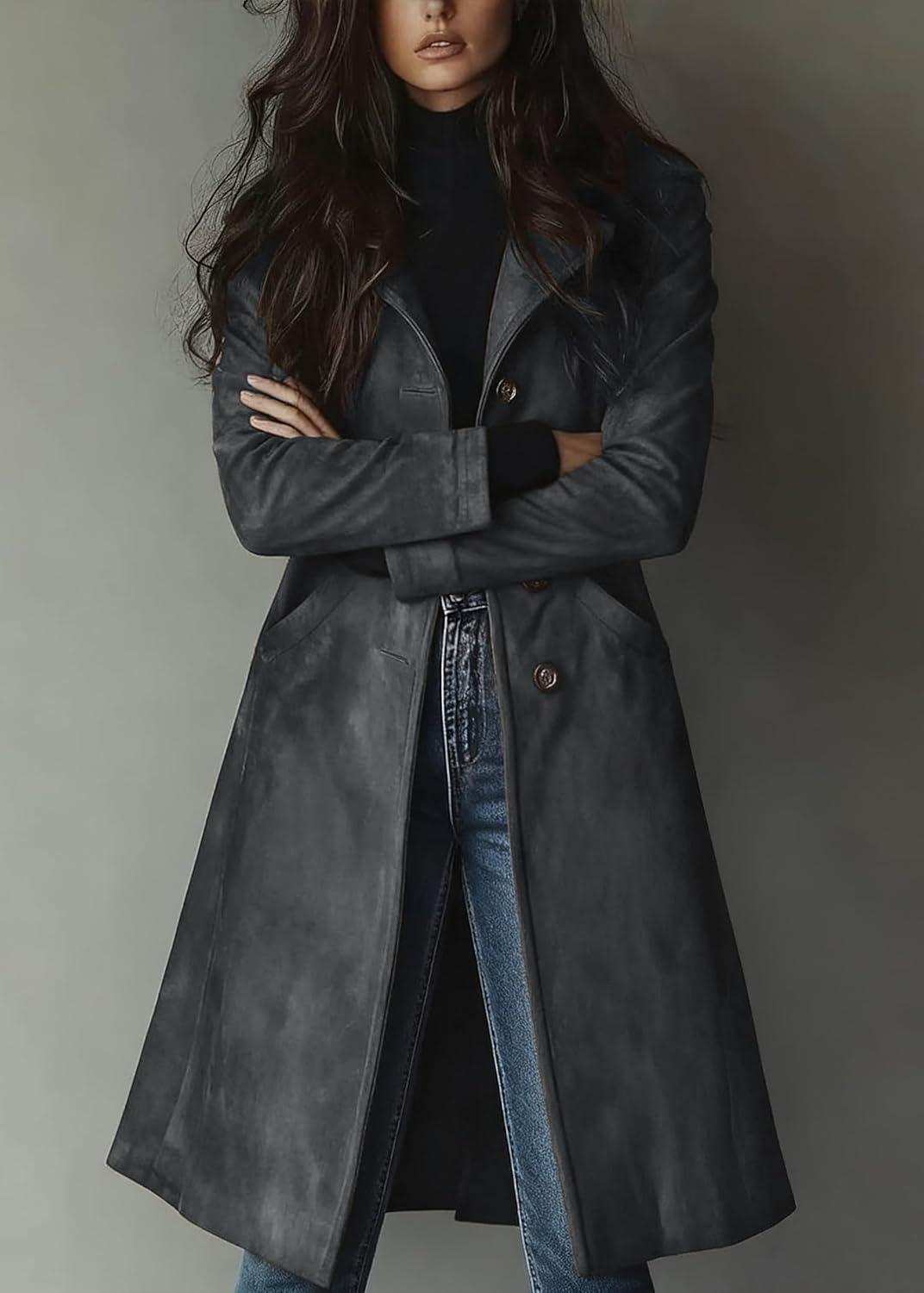 imageutcoco Womens Long Suede Trench Coat Single Breasted Leather Trench Overcoat with PocketDark Grey