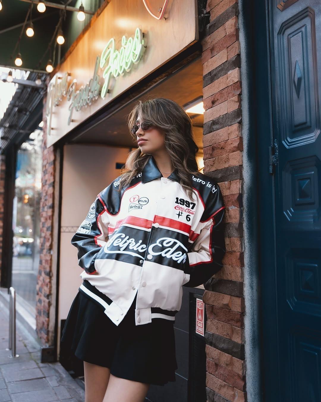 imageAelfric Eden Faux Leather Racing Jacket Oversized Motorcycle Biker Racer Jackets Streetwear UnisexApricot