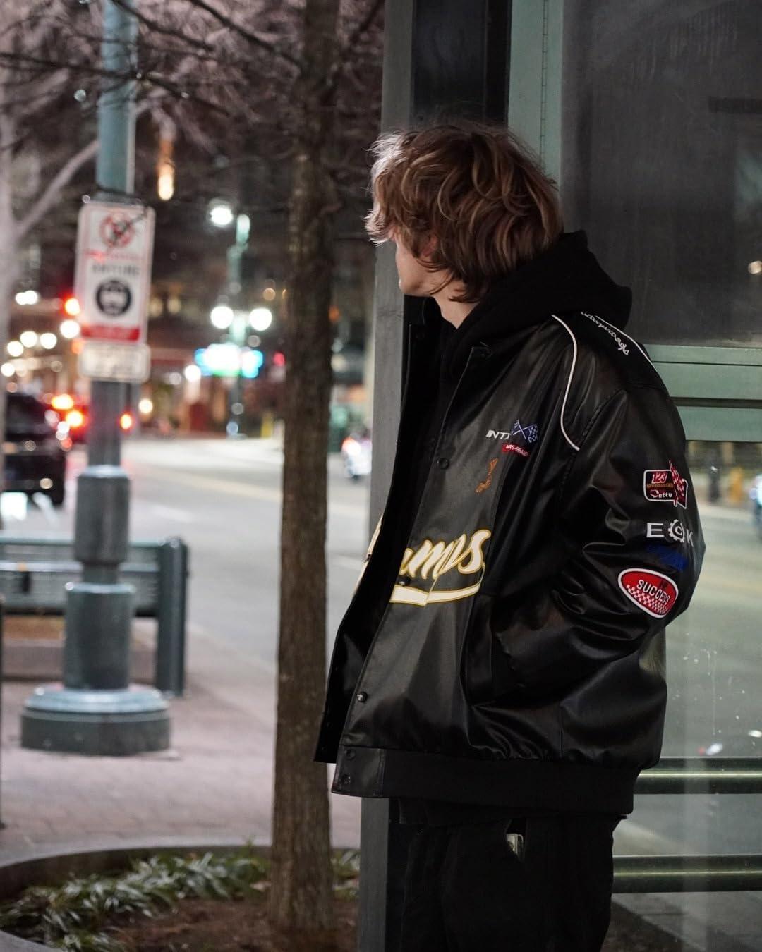 imageAelfric Eden Faux Leather Racing Jacket Oversized Motorcycle Biker Racer Jackets Streetwear UnisexBlack