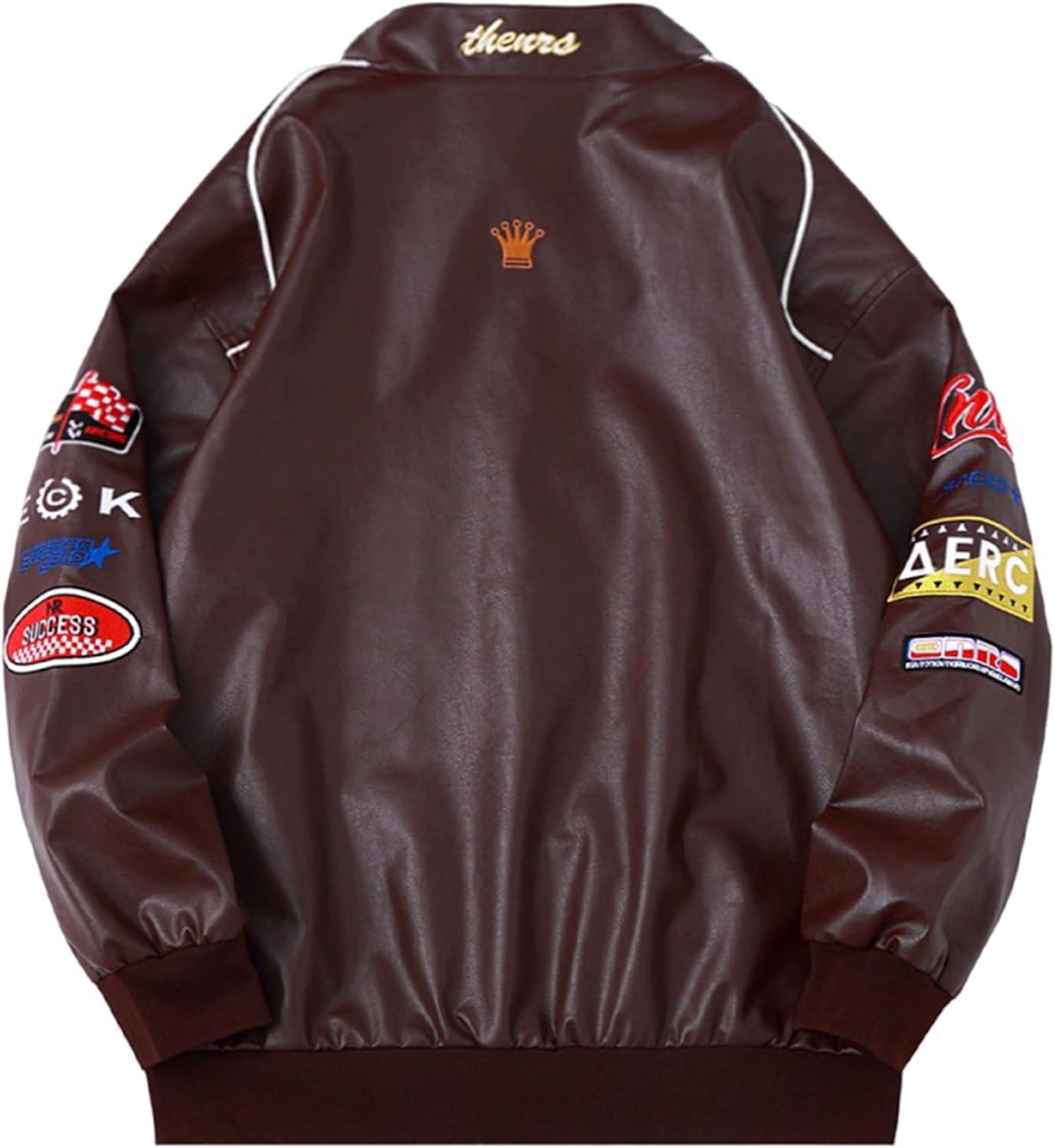 imageAelfric Eden Faux Leather Racing Jacket Oversized Motorcycle Biker Racer Jackets Streetwear UnisexBrown