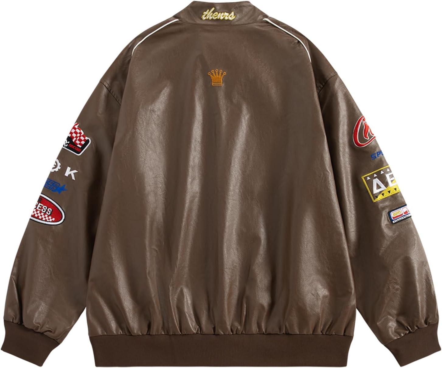imageAelfric Eden Faux Leather Racing Jacket Oversized Motorcycle Biker Racer Jackets Streetwear UnisexDark Brown