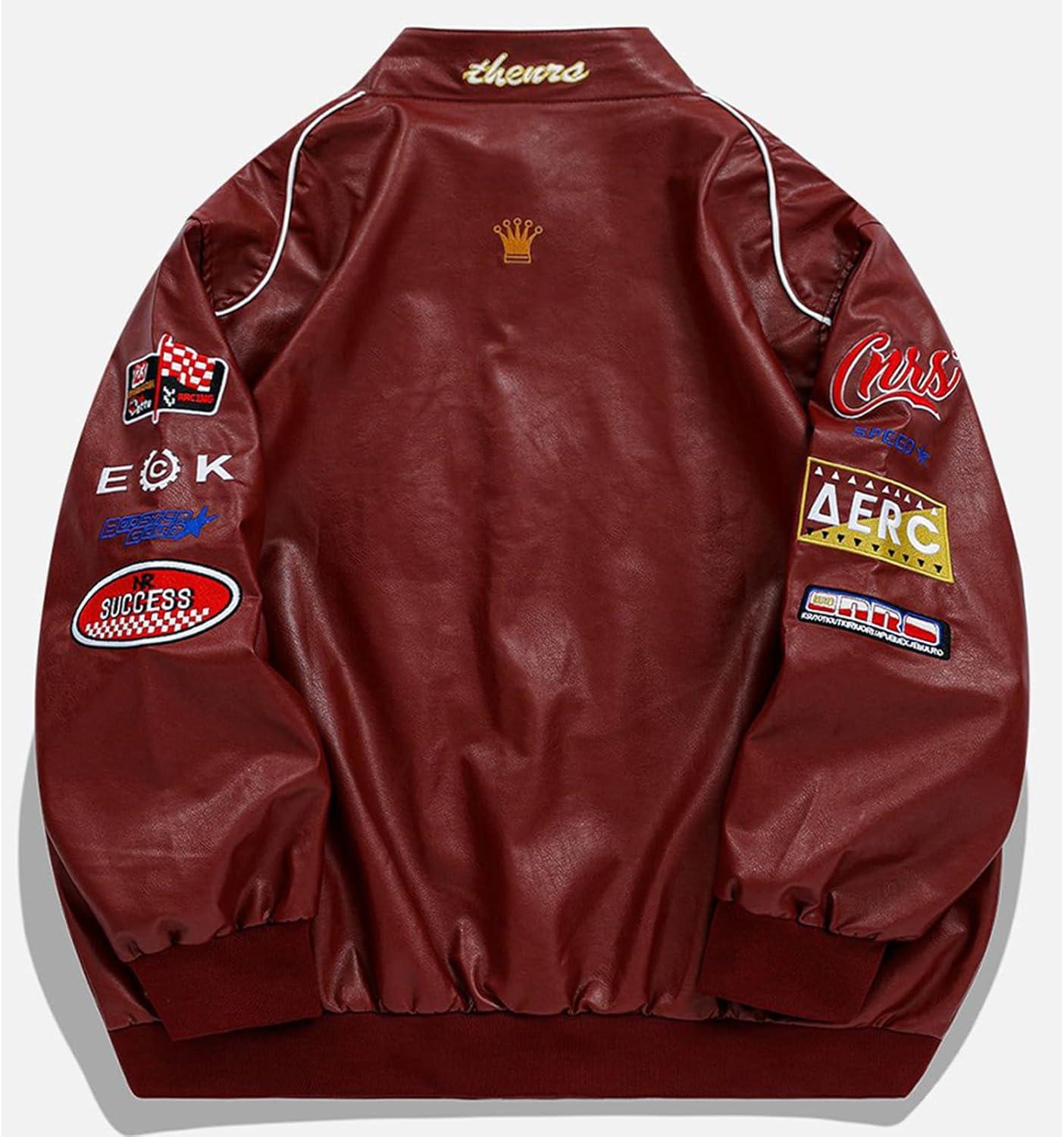 imageAelfric Eden Faux Leather Racing Jacket Oversized Motorcycle Biker Racer Jackets Streetwear UnisexRed