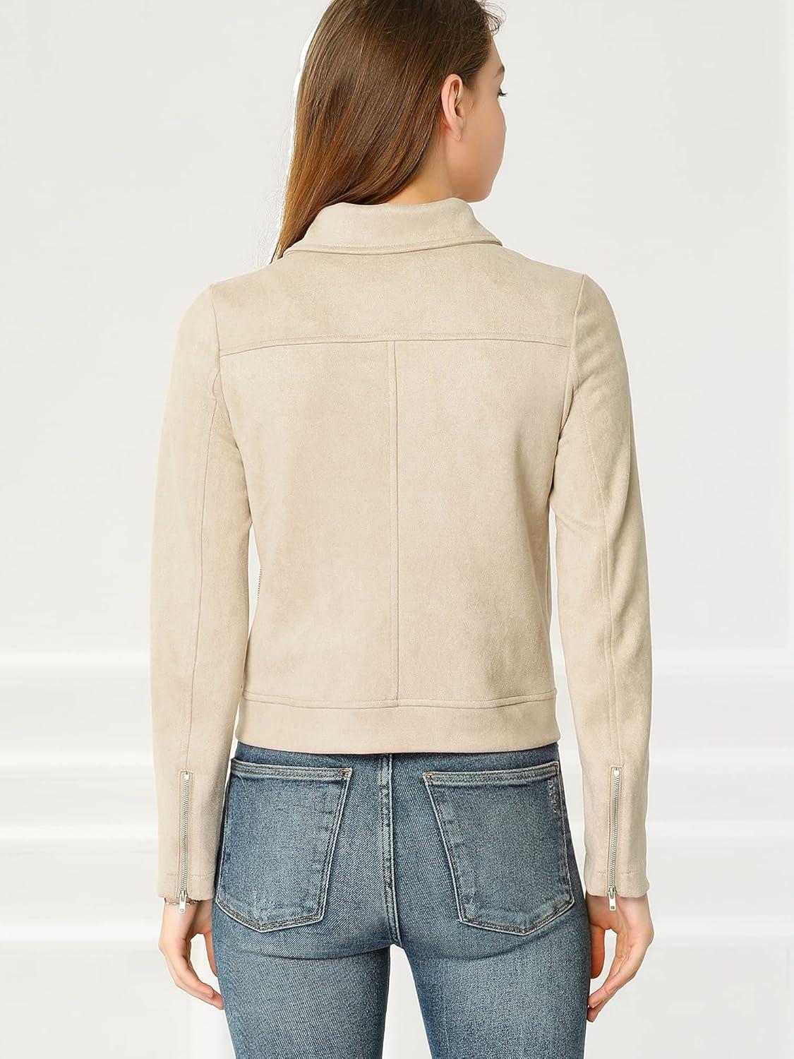 imageAllegra K Womens Short Soft Zip Up Faux Suede Biker Moto JacketBeige