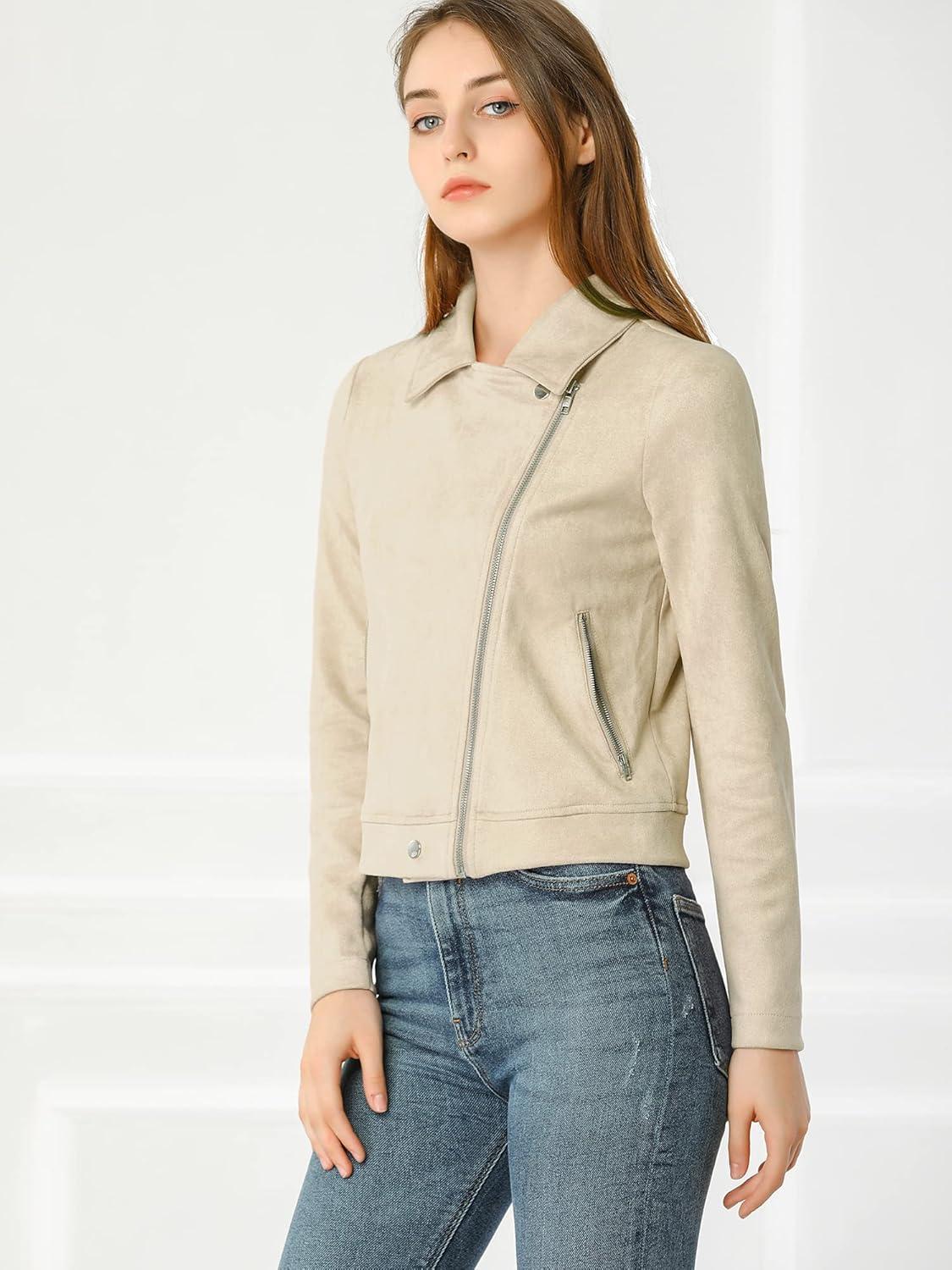 imageAllegra K Womens Short Soft Zip Up Faux Suede Biker Moto JacketBeige