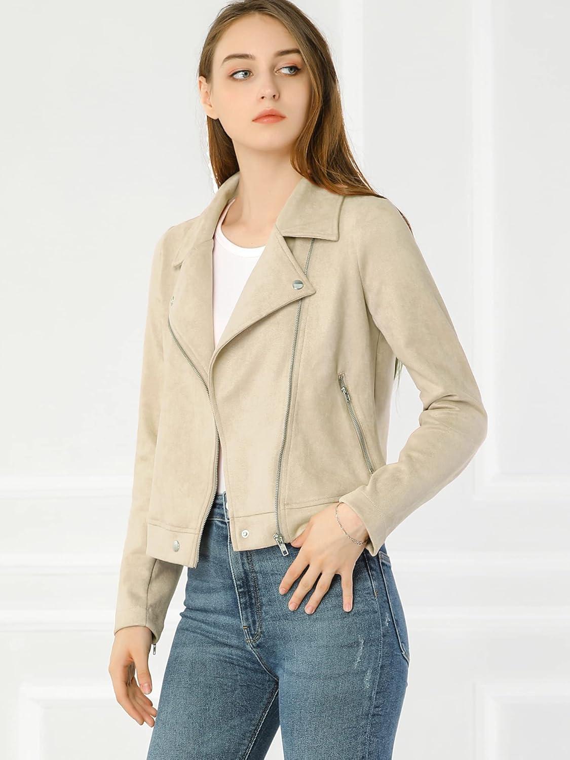 imageAllegra K Womens Short Soft Zip Up Faux Suede Biker Moto JacketBeige