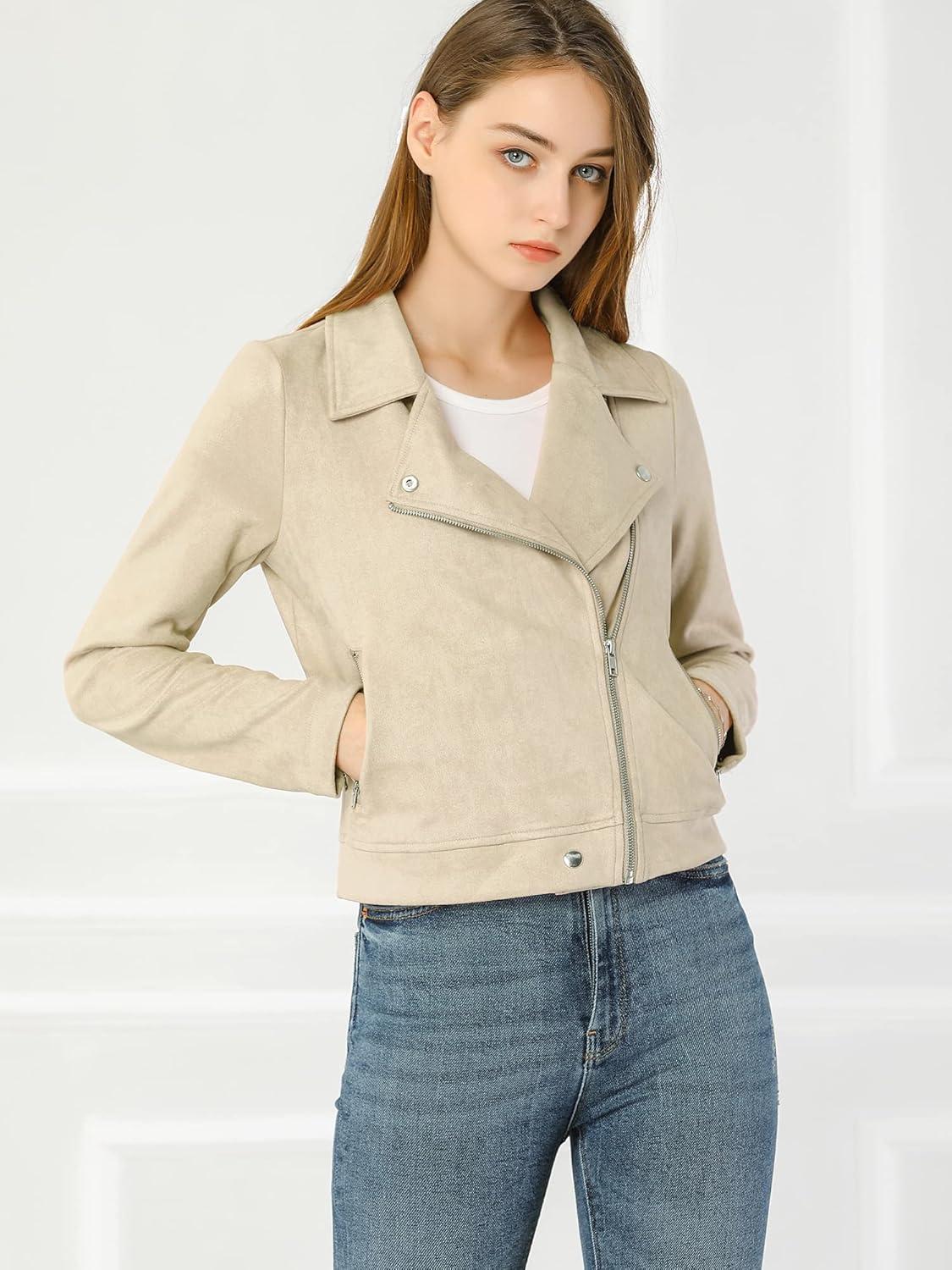 imageAllegra K Womens Short Soft Zip Up Faux Suede Biker Moto JacketBeige