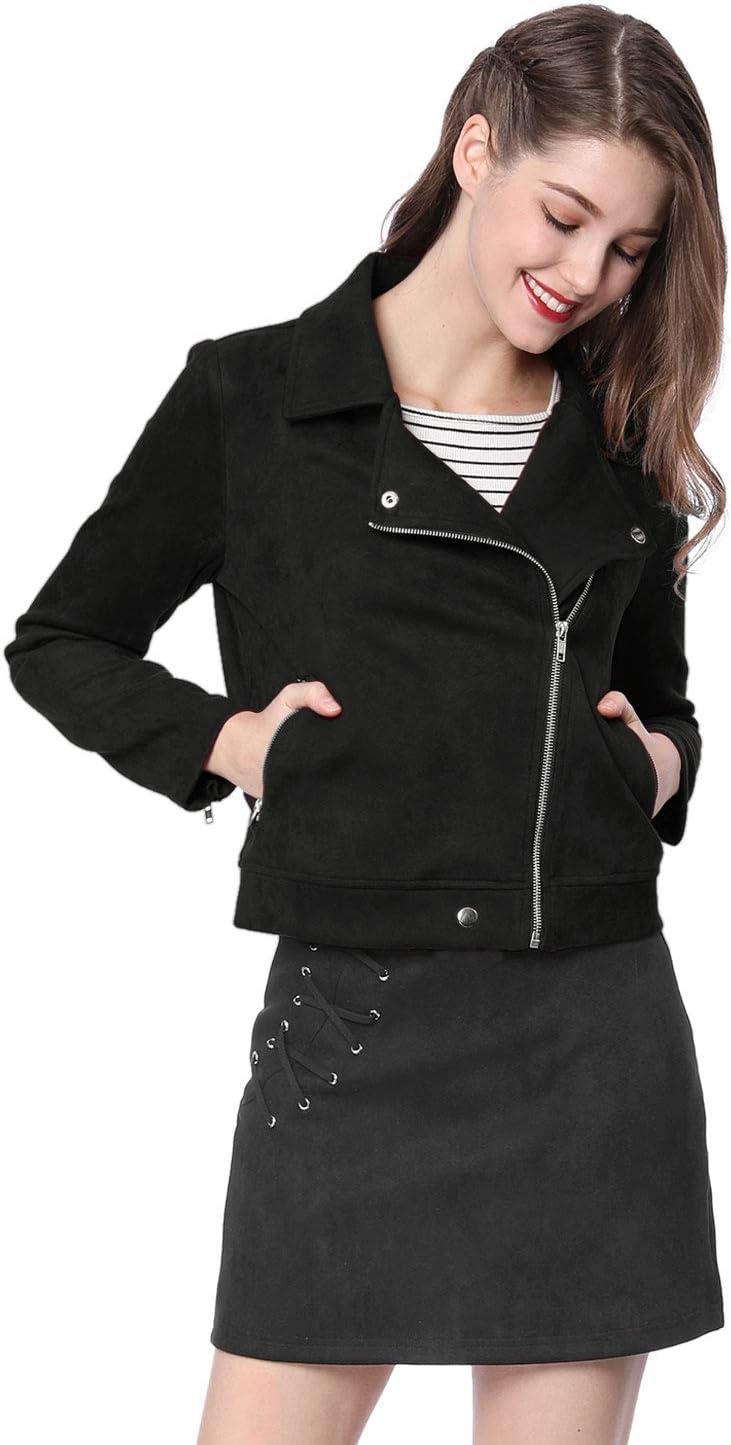 imageAllegra K Womens Short Soft Zip Up Faux Suede Biker Moto JacketBlack