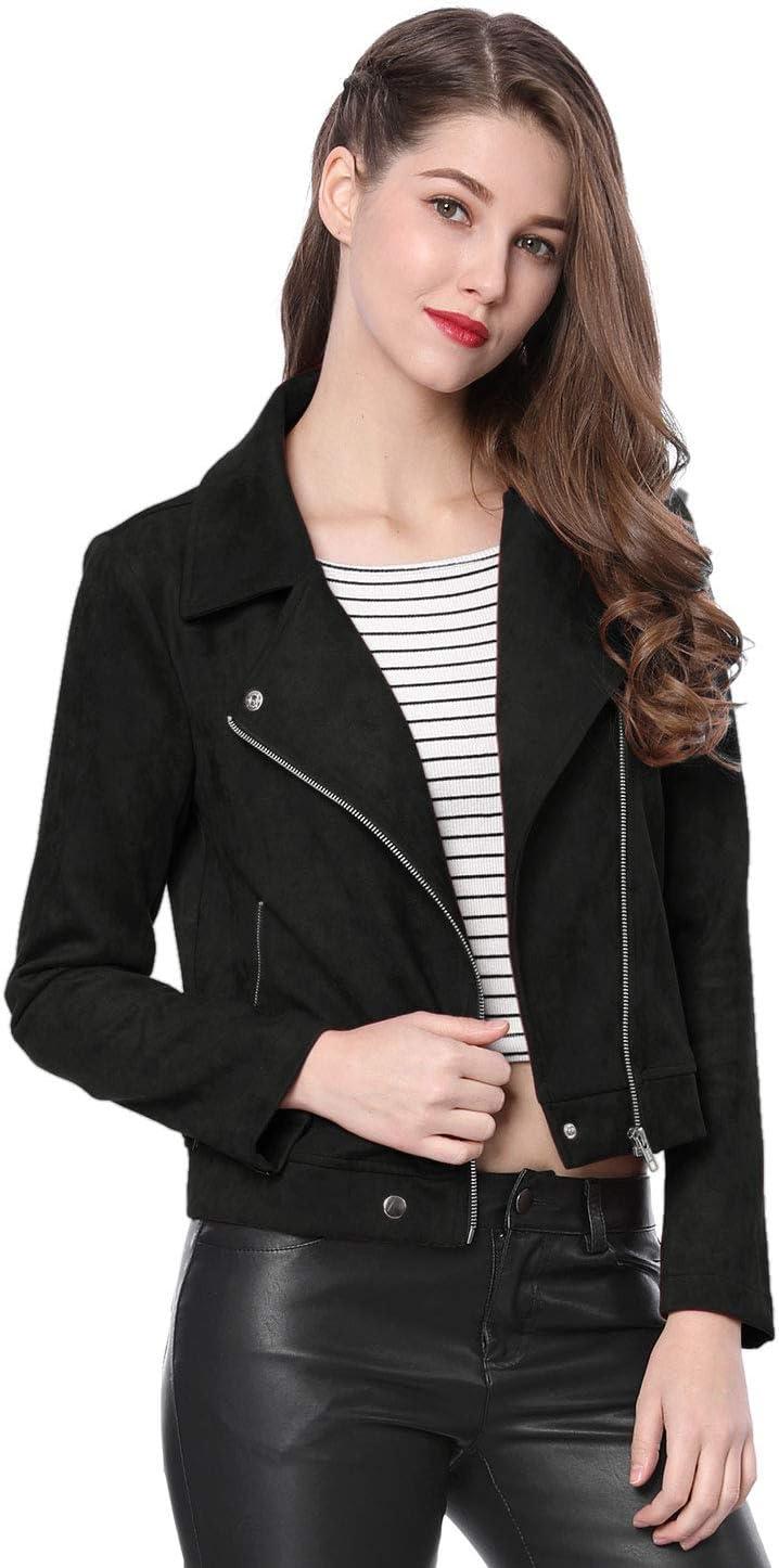 imageAllegra K Womens Short Soft Zip Up Faux Suede Biker Moto JacketBlack
