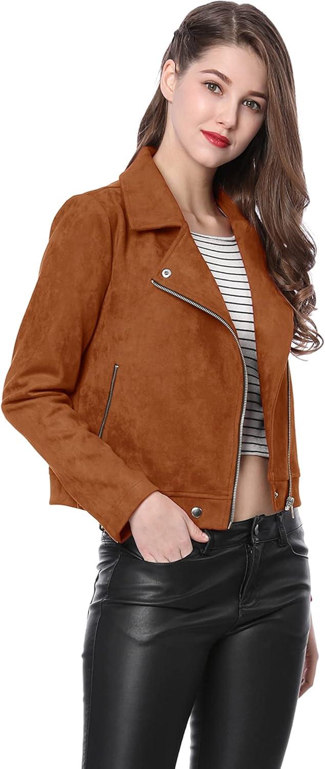 imageAllegra K Womens Short Soft Zip Up Faux Suede Biker Moto JacketBrown