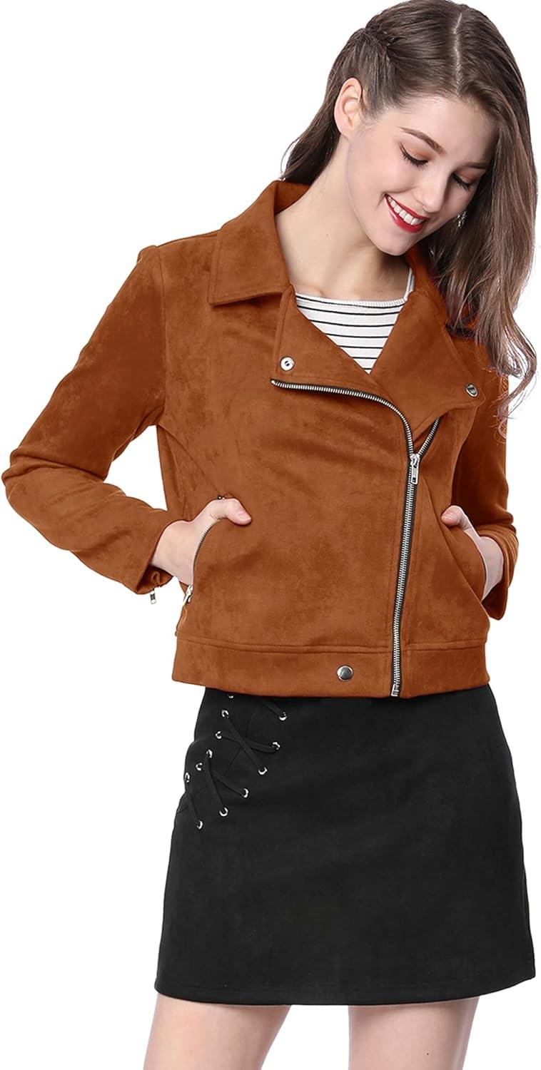 imageAllegra K Womens Short Soft Zip Up Faux Suede Biker Moto JacketBrown