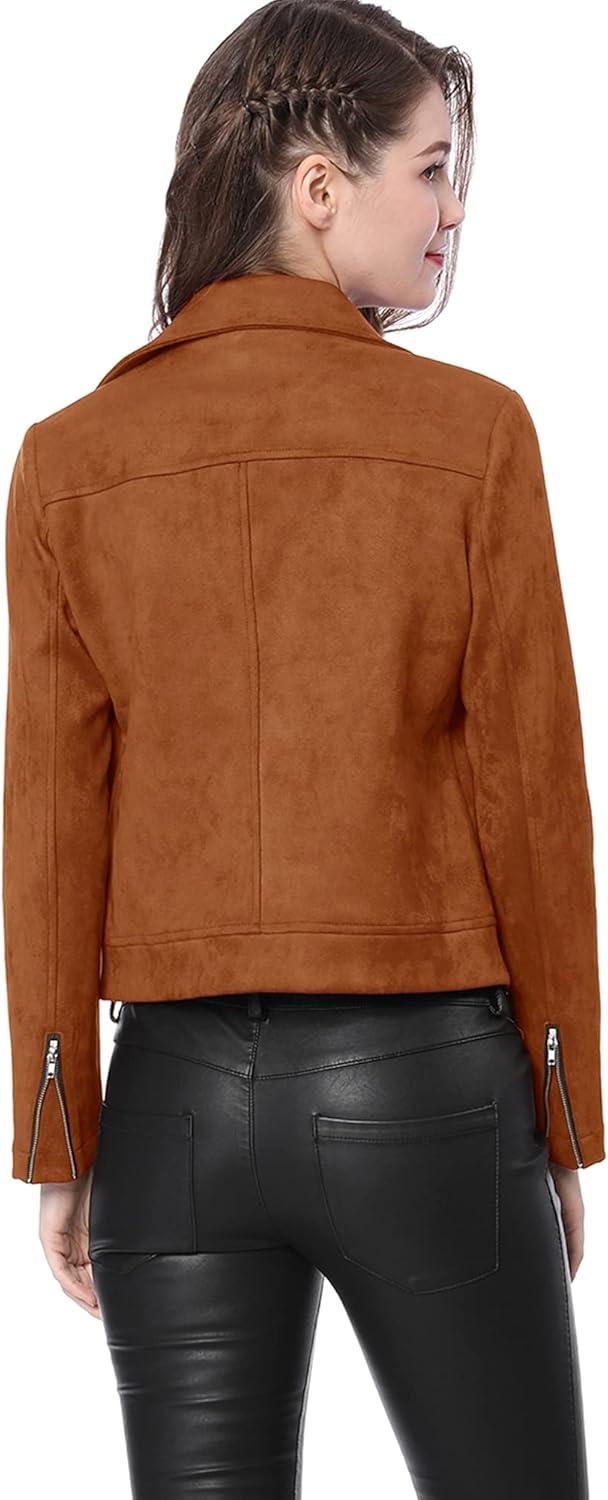 imageAllegra K Womens Short Soft Zip Up Faux Suede Biker Moto JacketBrown