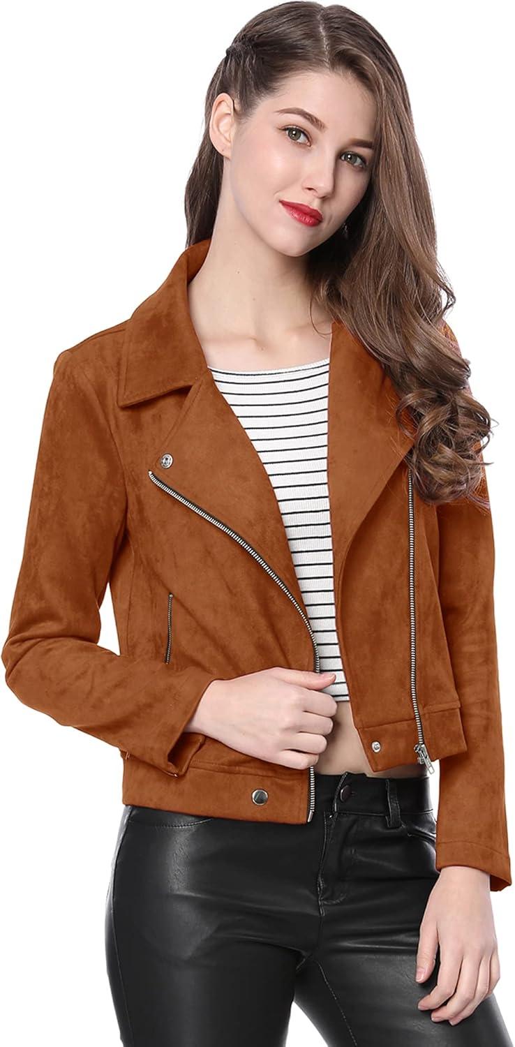 imageAllegra K Womens Short Soft Zip Up Faux Suede Biker Moto JacketBrown