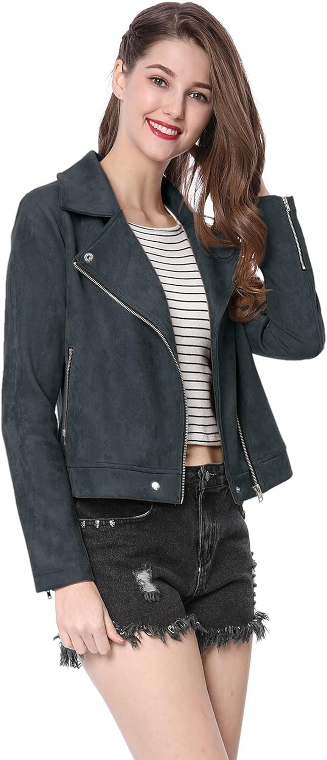 imageAllegra K Womens Short Soft Zip Up Faux Suede Biker Moto JacketDark Blue
