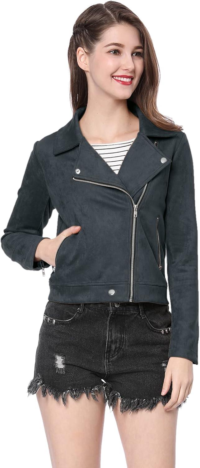 imageAllegra K Womens Short Soft Zip Up Faux Suede Biker Moto JacketDark Blue