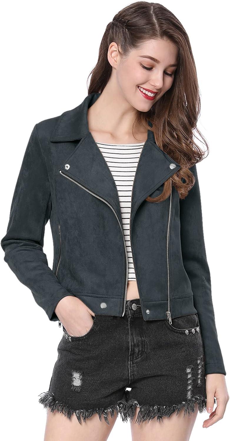 imageAllegra K Womens Short Soft Zip Up Faux Suede Biker Moto JacketDark Blue