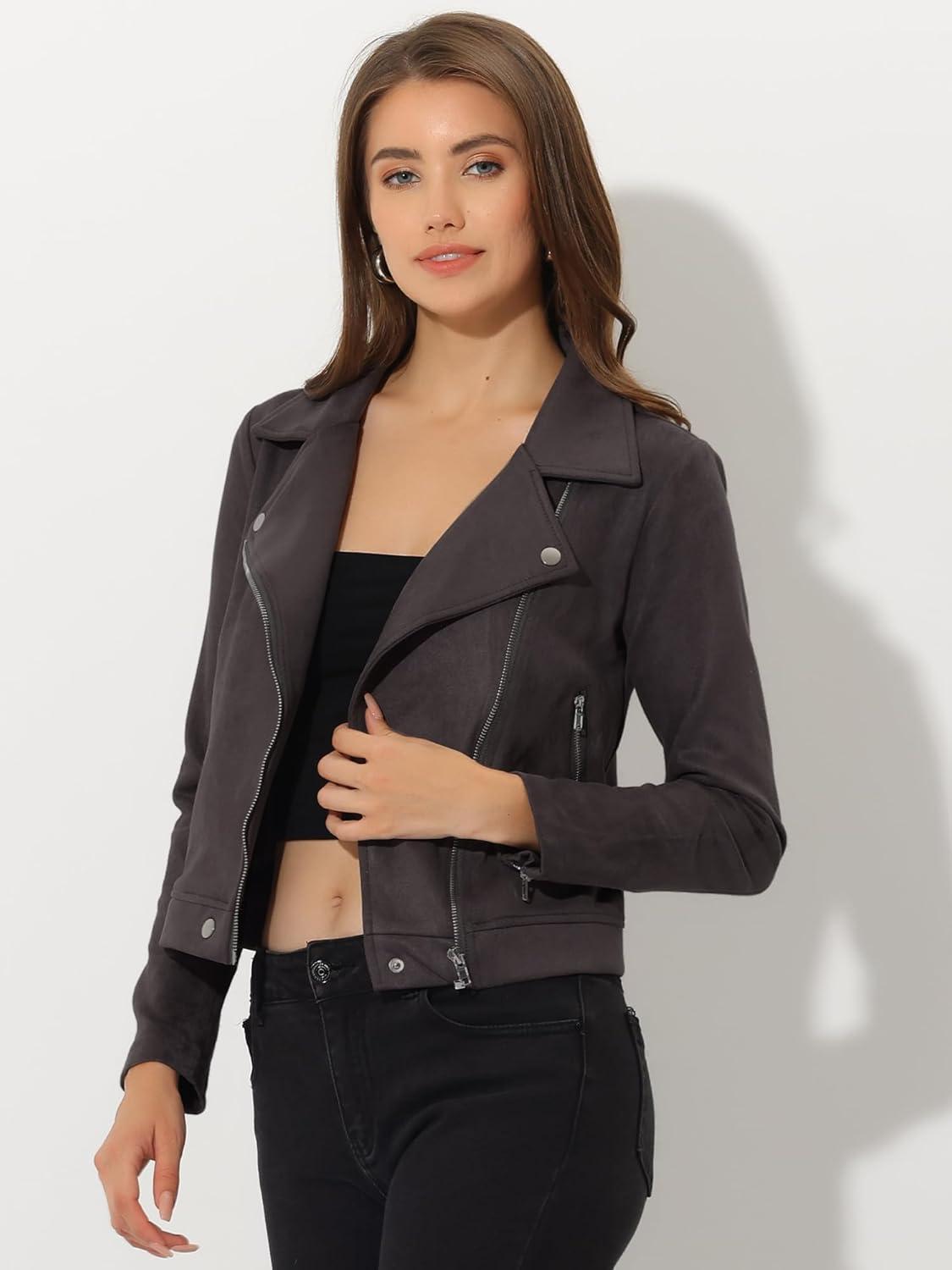 imageAllegra K Womens Short Soft Zip Up Faux Suede Biker Moto JacketDark Gray