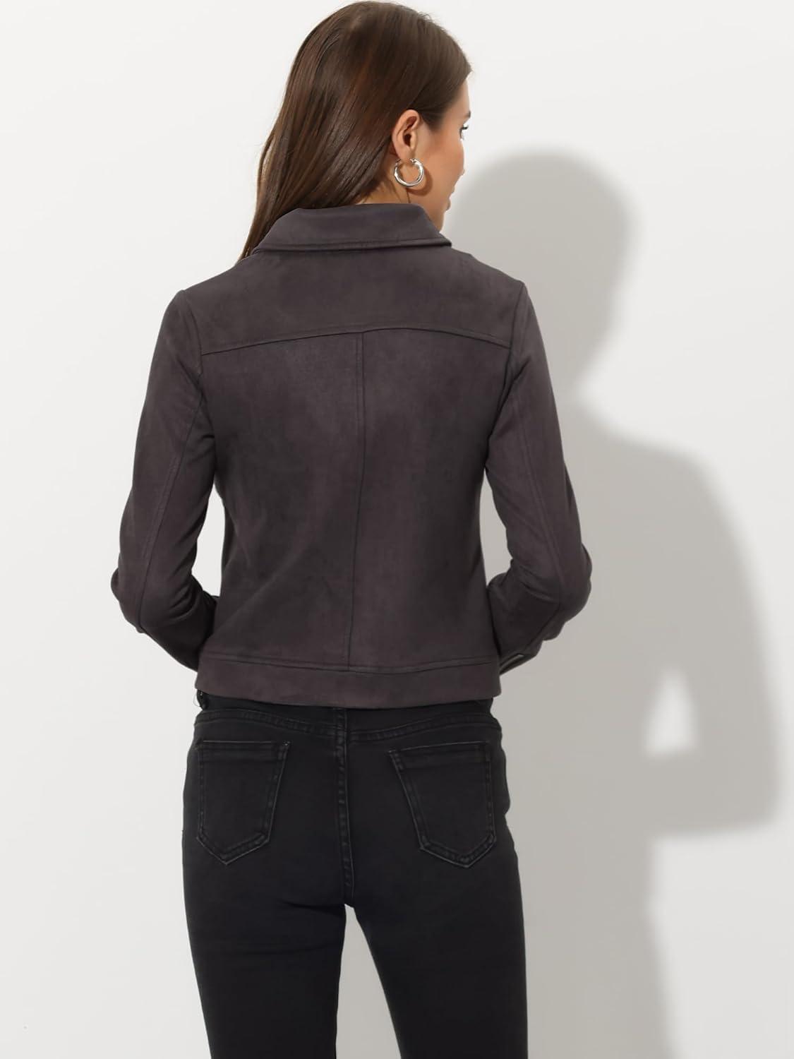 imageAllegra K Womens Short Soft Zip Up Faux Suede Biker Moto JacketDark Gray