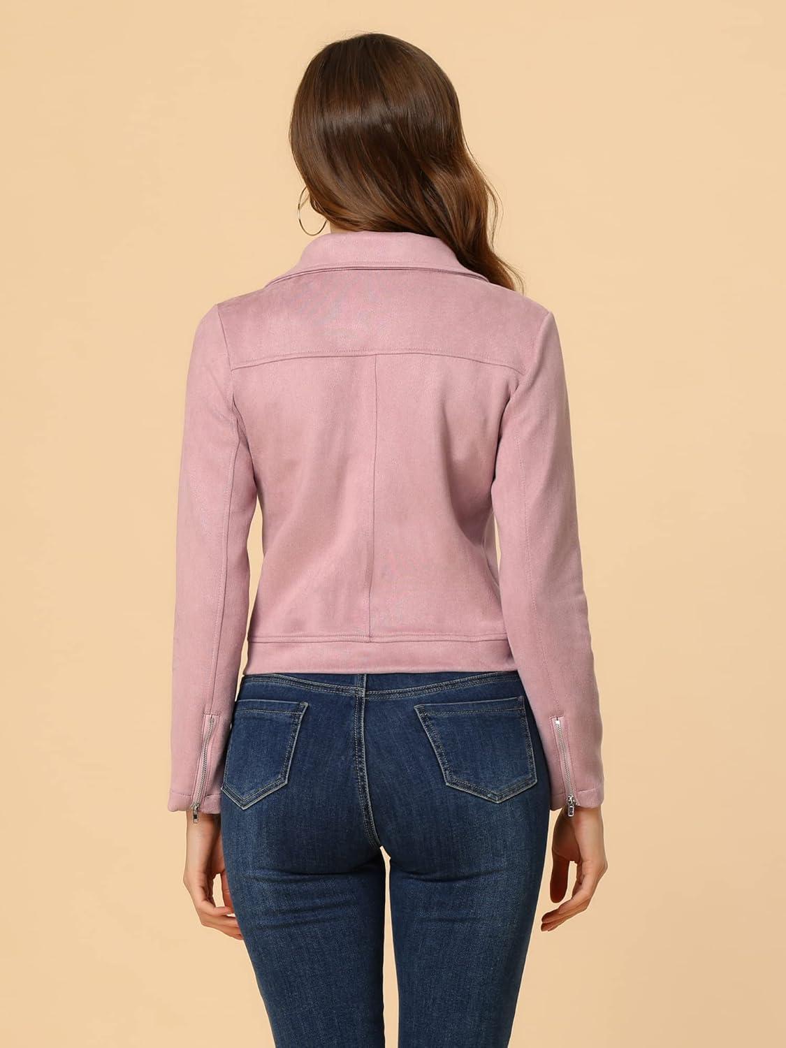 imageAllegra K Womens Short Soft Zip Up Faux Suede Biker Moto JacketDusty Pink