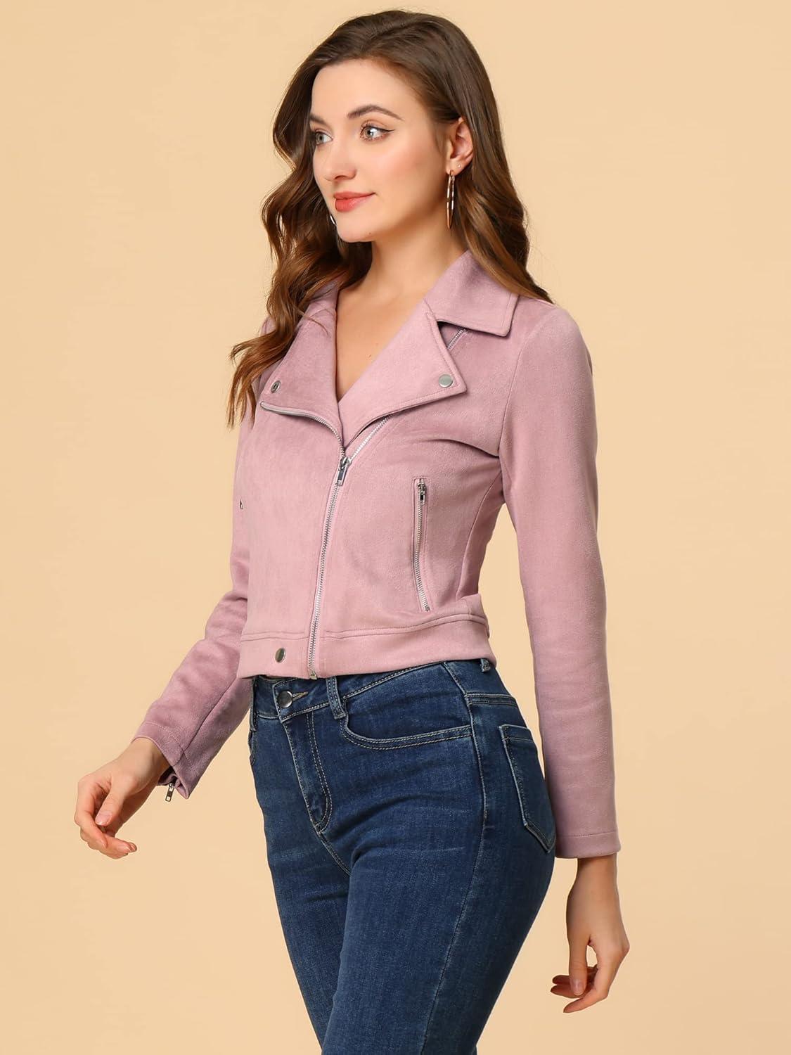 imageAllegra K Womens Short Soft Zip Up Faux Suede Biker Moto JacketDusty Pink