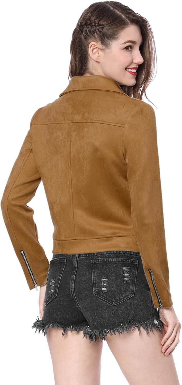 imageAllegra K Womens Short Soft Zip Up Faux Suede Biker Moto JacketKhaki