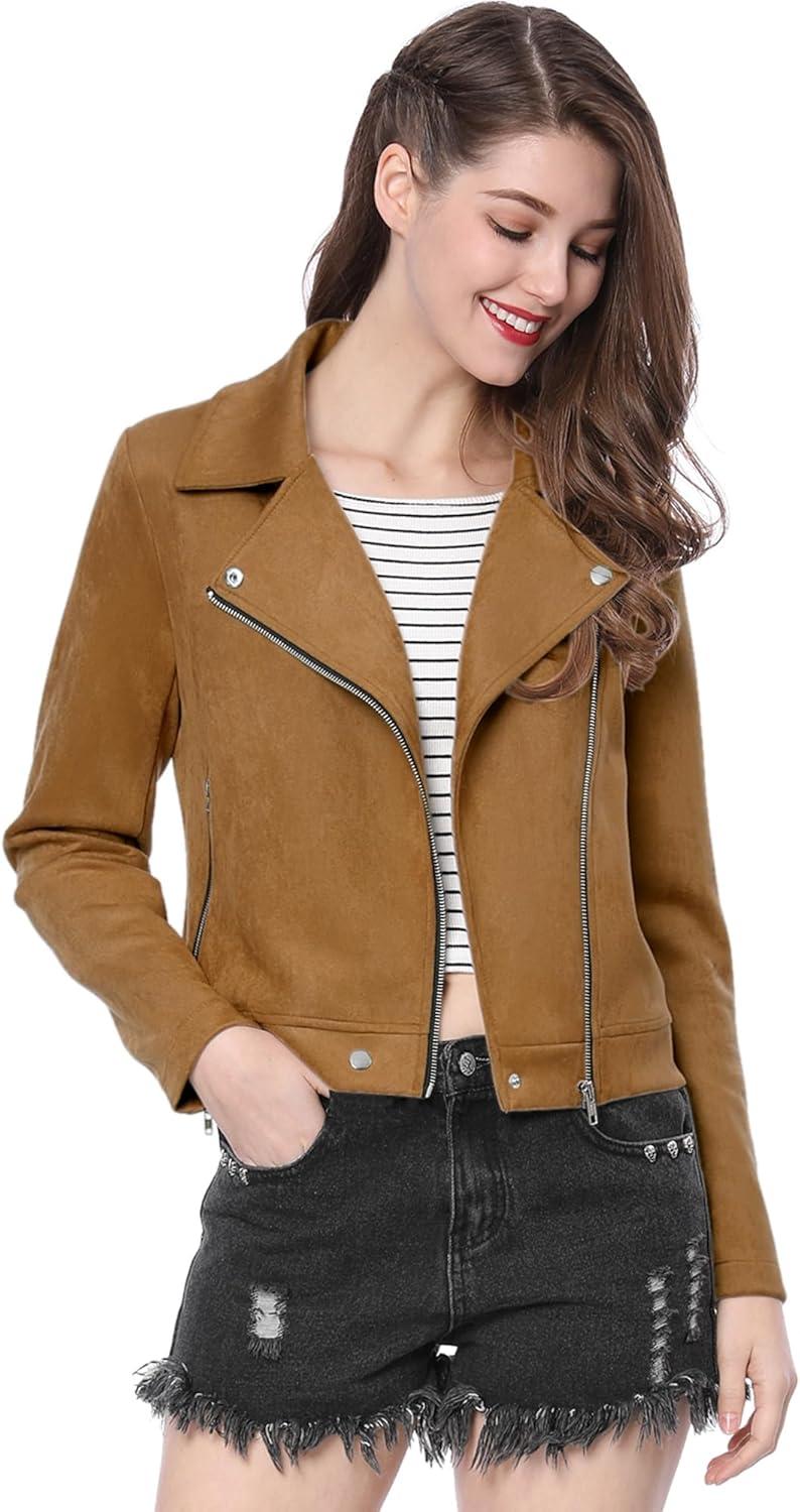 imageAllegra K Womens Short Soft Zip Up Faux Suede Biker Moto JacketKhaki