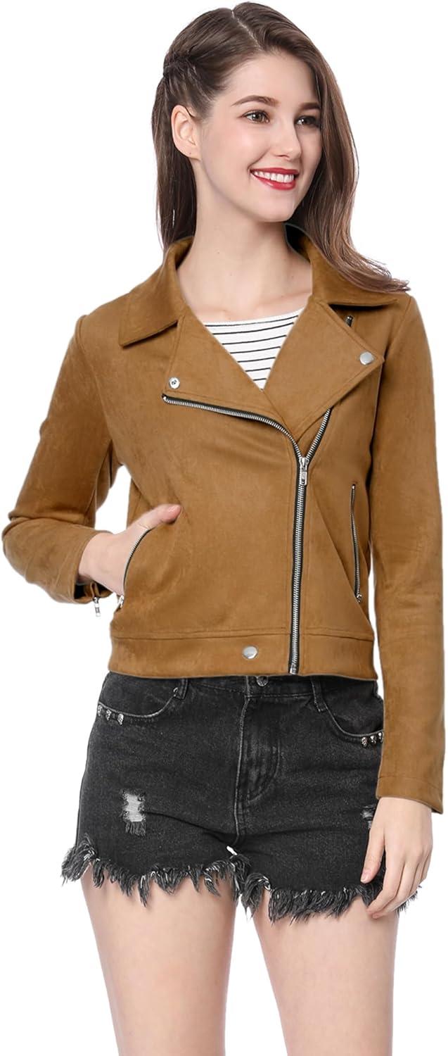 imageAllegra K Womens Short Soft Zip Up Faux Suede Biker Moto JacketKhaki