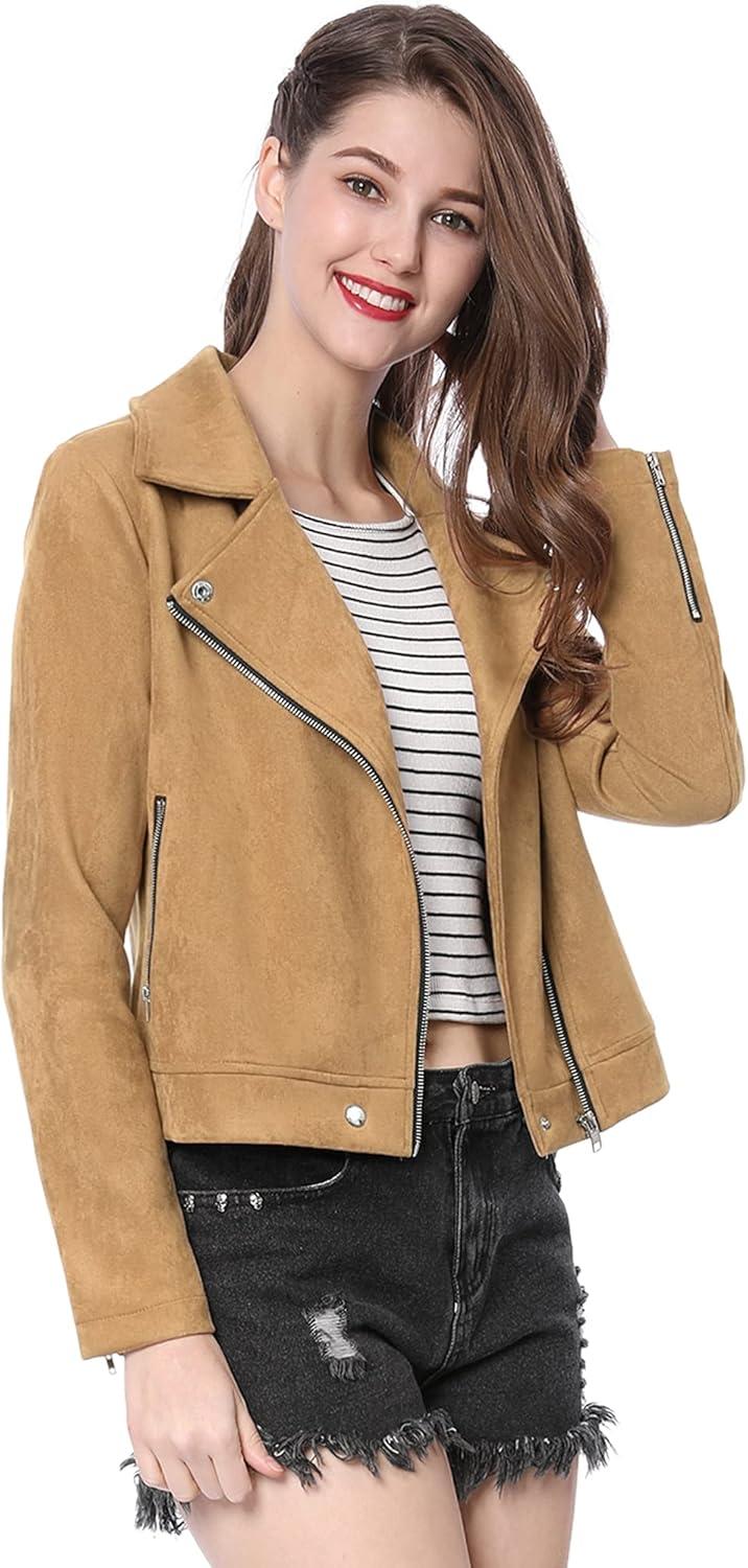 imageAllegra K Womens Short Soft Zip Up Faux Suede Biker Moto JacketLight Khaki