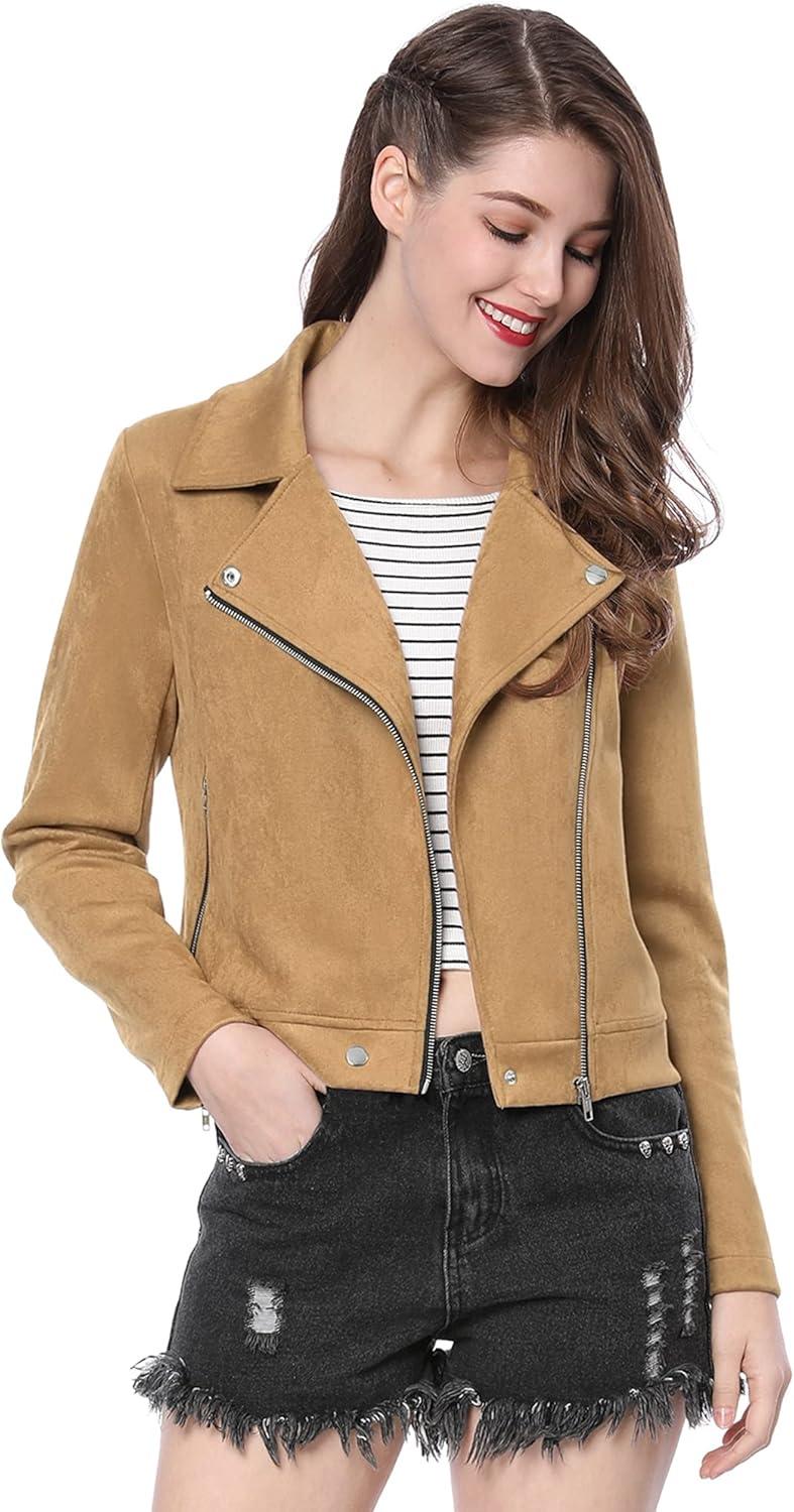 imageAllegra K Womens Short Soft Zip Up Faux Suede Biker Moto JacketLight Khaki