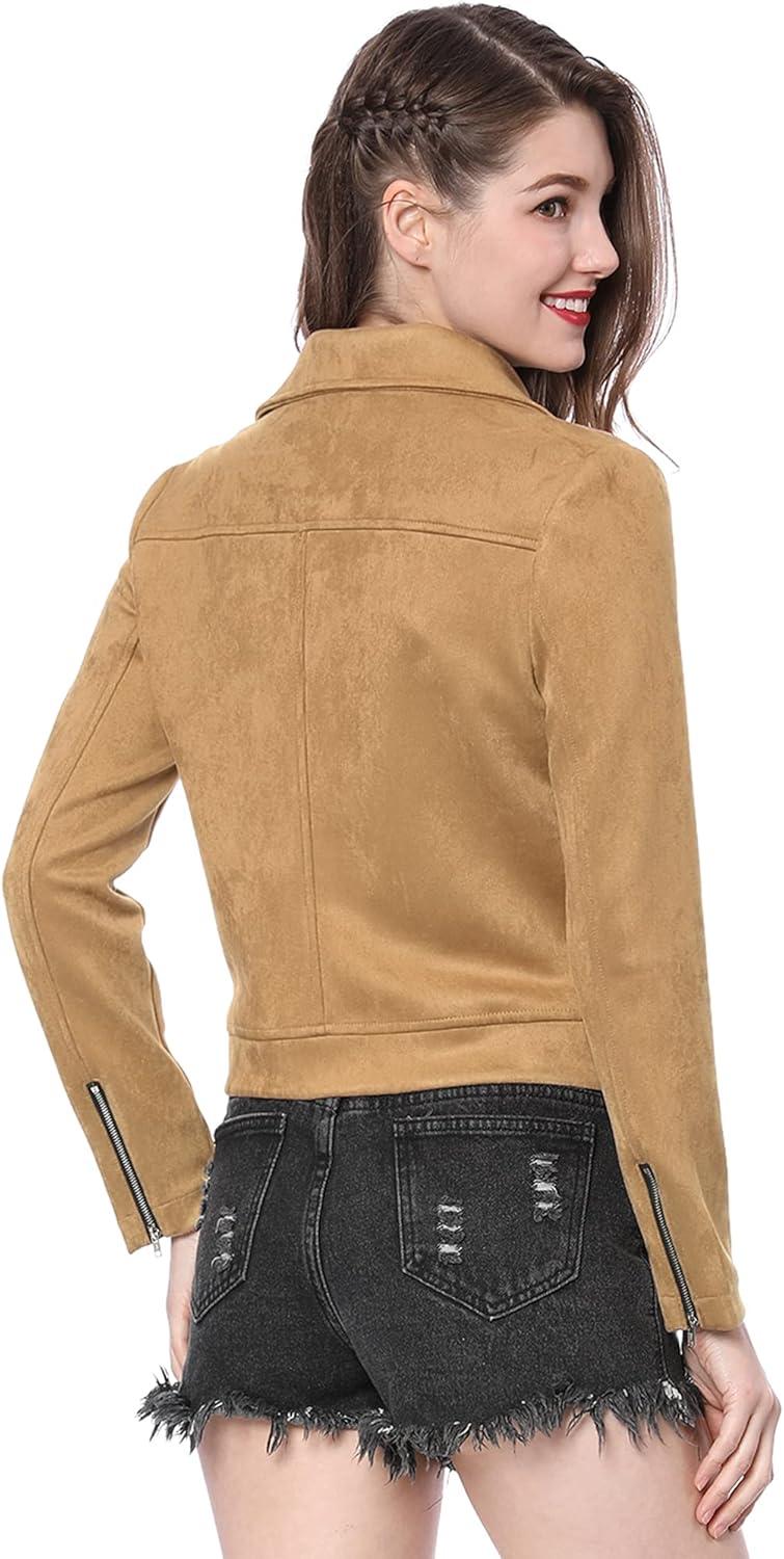 imageAllegra K Womens Short Soft Zip Up Faux Suede Biker Moto JacketLight Khaki