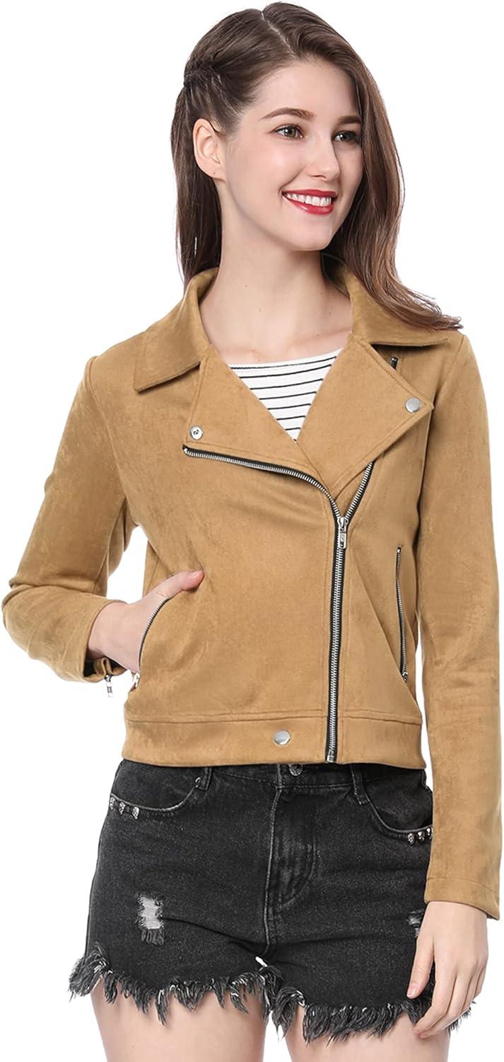 imageAllegra K Womens Short Soft Zip Up Faux Suede Biker Moto JacketLight Khaki