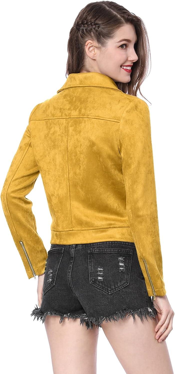 imageAllegra K Womens Short Soft Zip Up Faux Suede Biker Moto JacketMustard