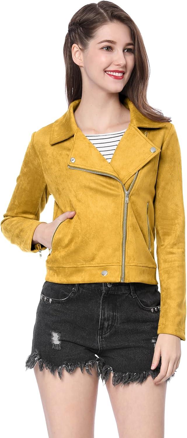 imageAllegra K Womens Short Soft Zip Up Faux Suede Biker Moto JacketMustard