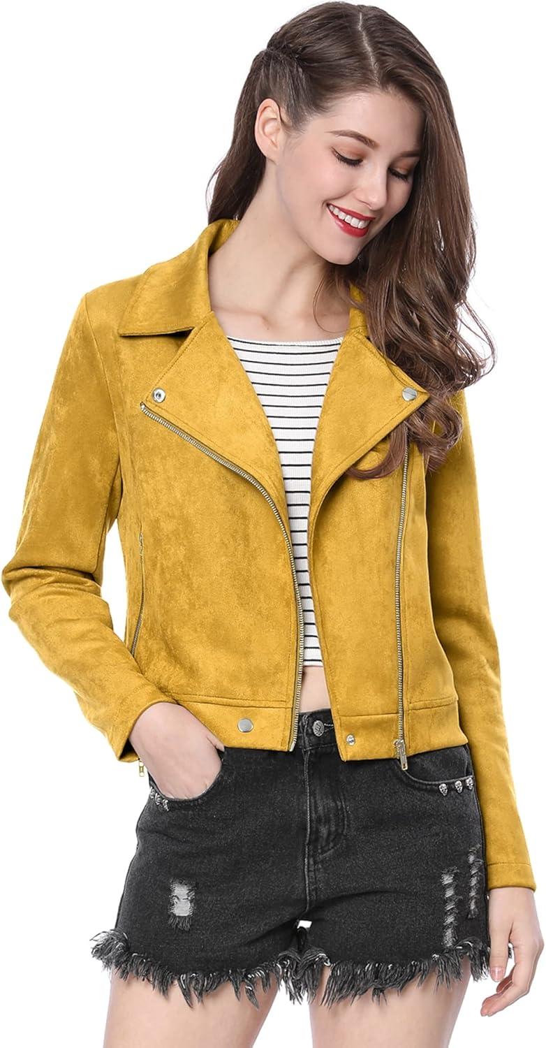 imageAllegra K Womens Short Soft Zip Up Faux Suede Biker Moto JacketMustard