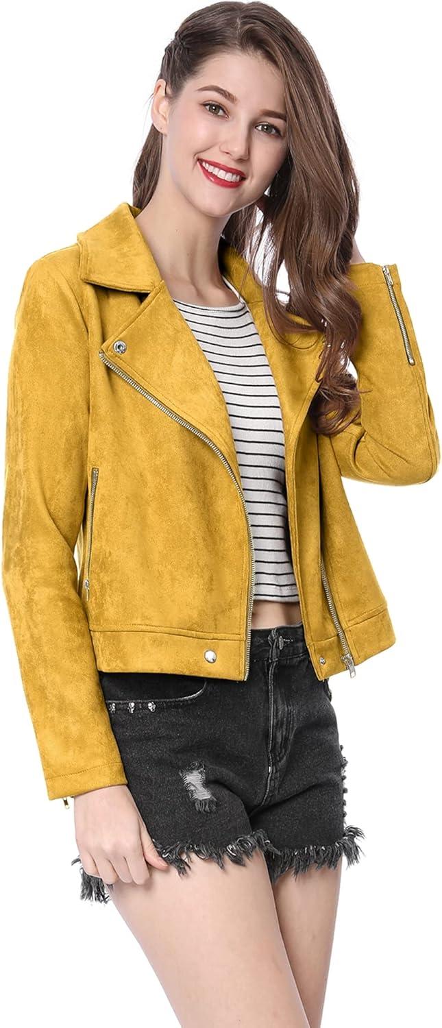 imageAllegra K Womens Short Soft Zip Up Faux Suede Biker Moto JacketMustard