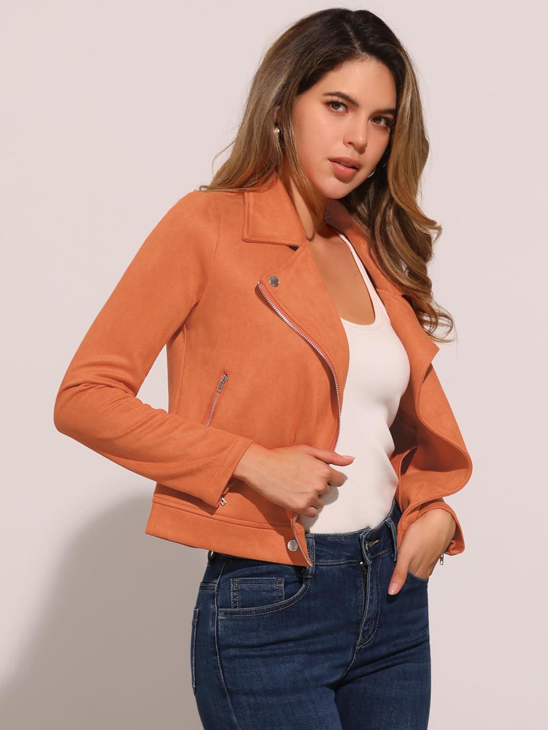 imageAllegra K Womens Short Soft Zip Up Faux Suede Biker Moto JacketOrange