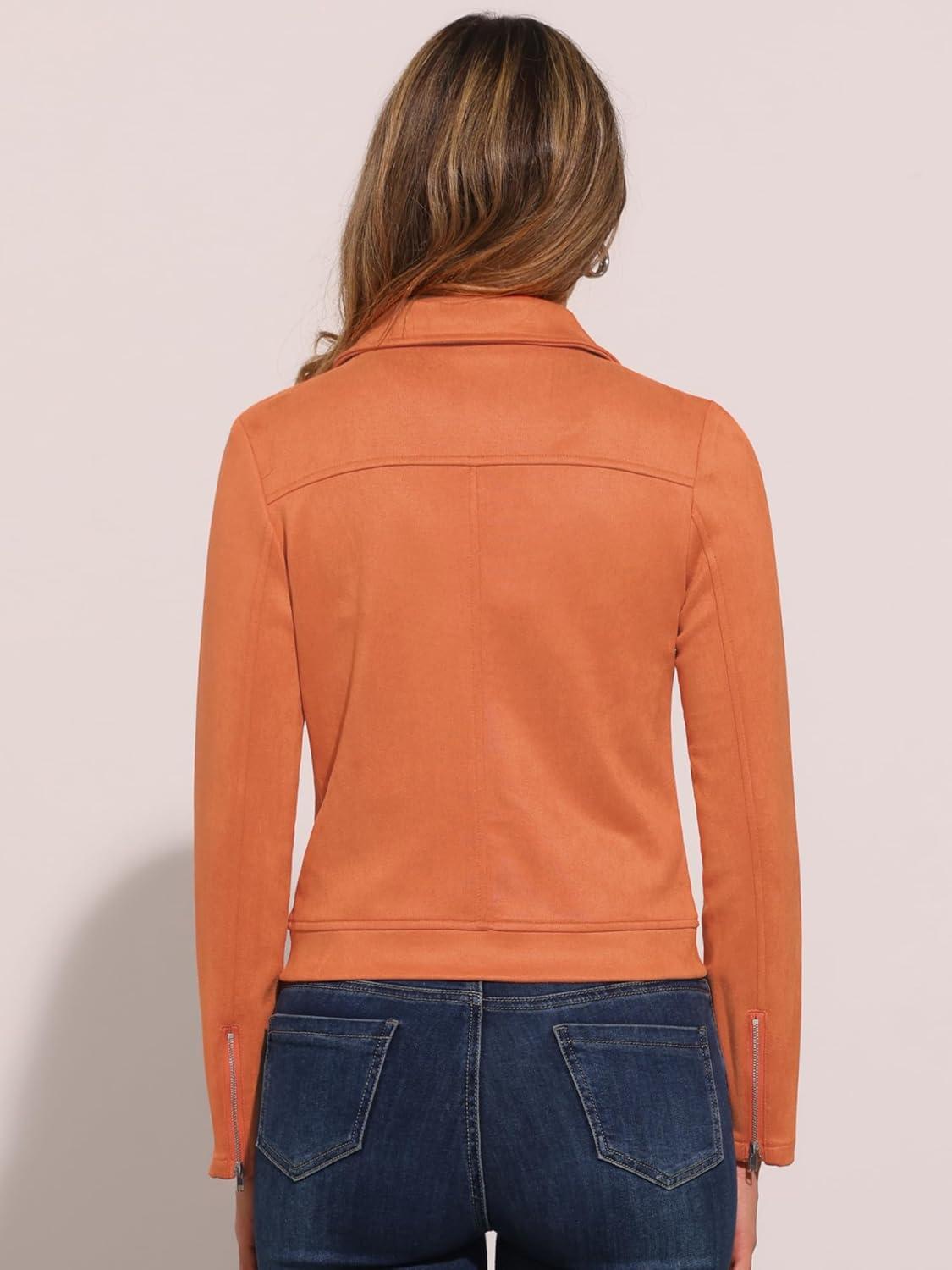 imageAllegra K Womens Short Soft Zip Up Faux Suede Biker Moto JacketOrange