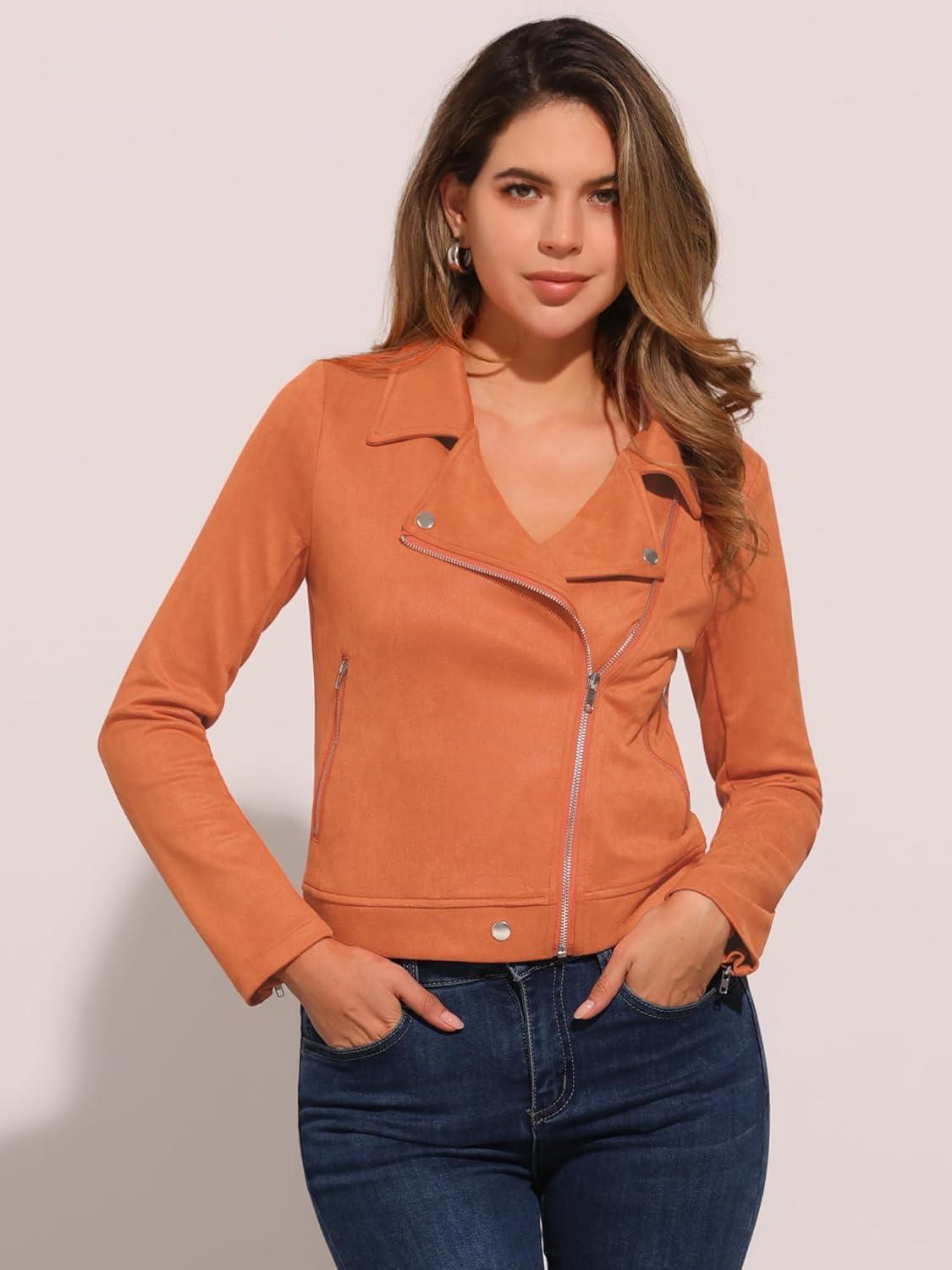imageAllegra K Womens Short Soft Zip Up Faux Suede Biker Moto JacketOrange