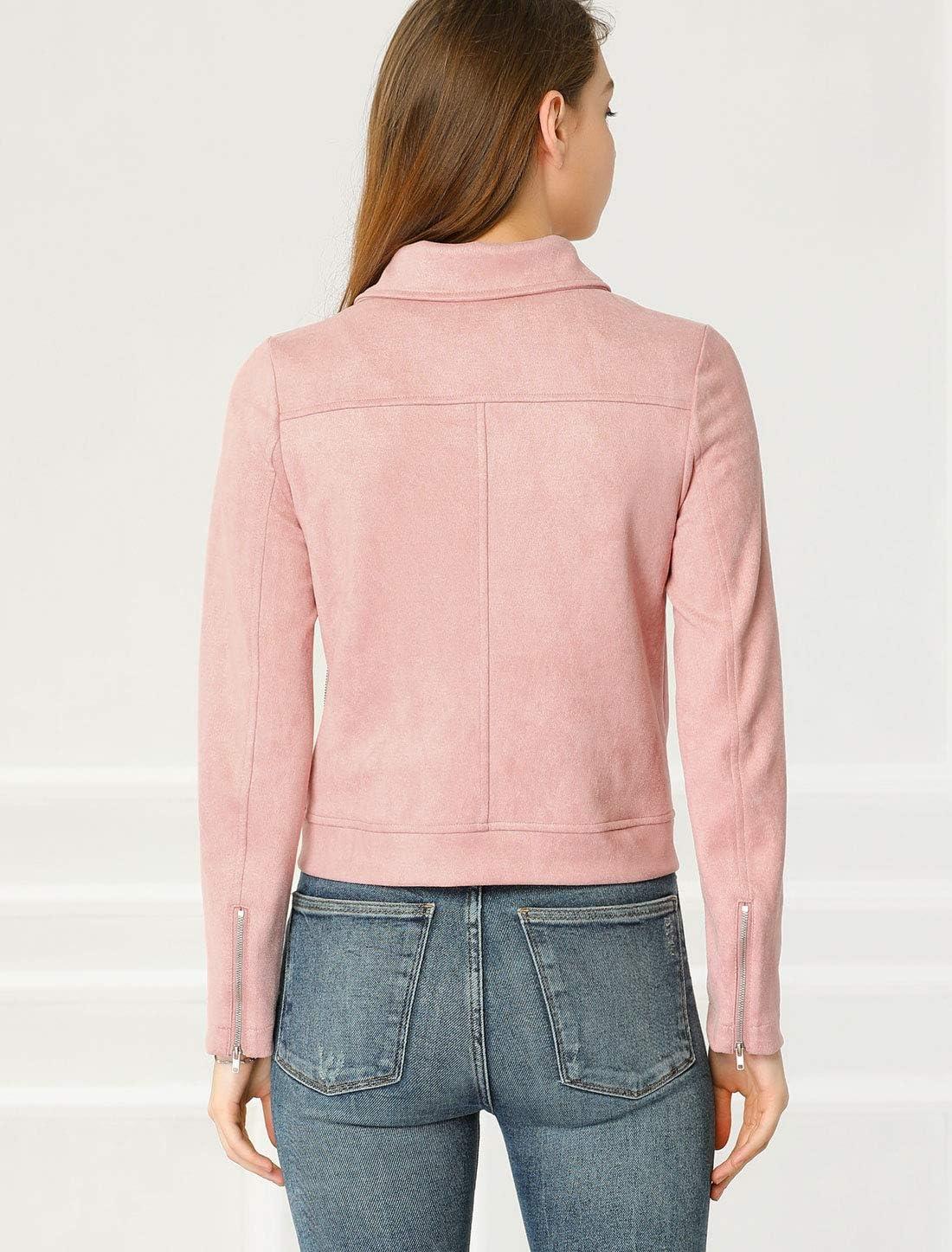 imageAllegra K Womens Short Soft Zip Up Faux Suede Biker Moto JacketPink