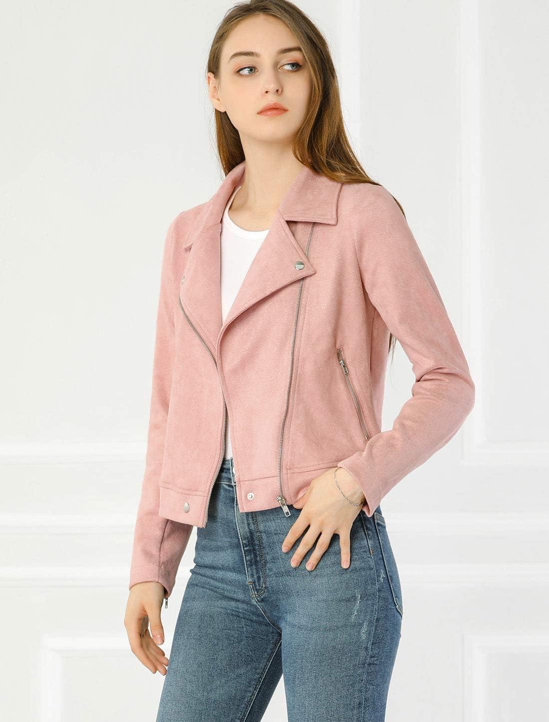 imageAllegra K Womens Short Soft Zip Up Faux Suede Biker Moto JacketPink