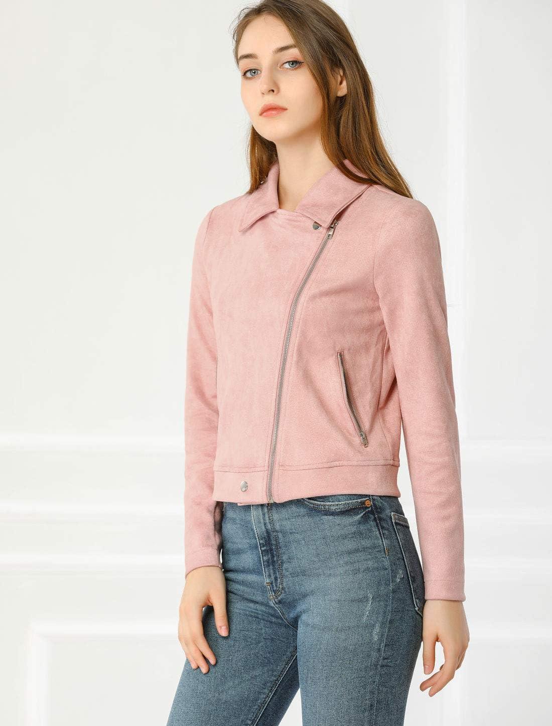 imageAllegra K Womens Short Soft Zip Up Faux Suede Biker Moto JacketPink