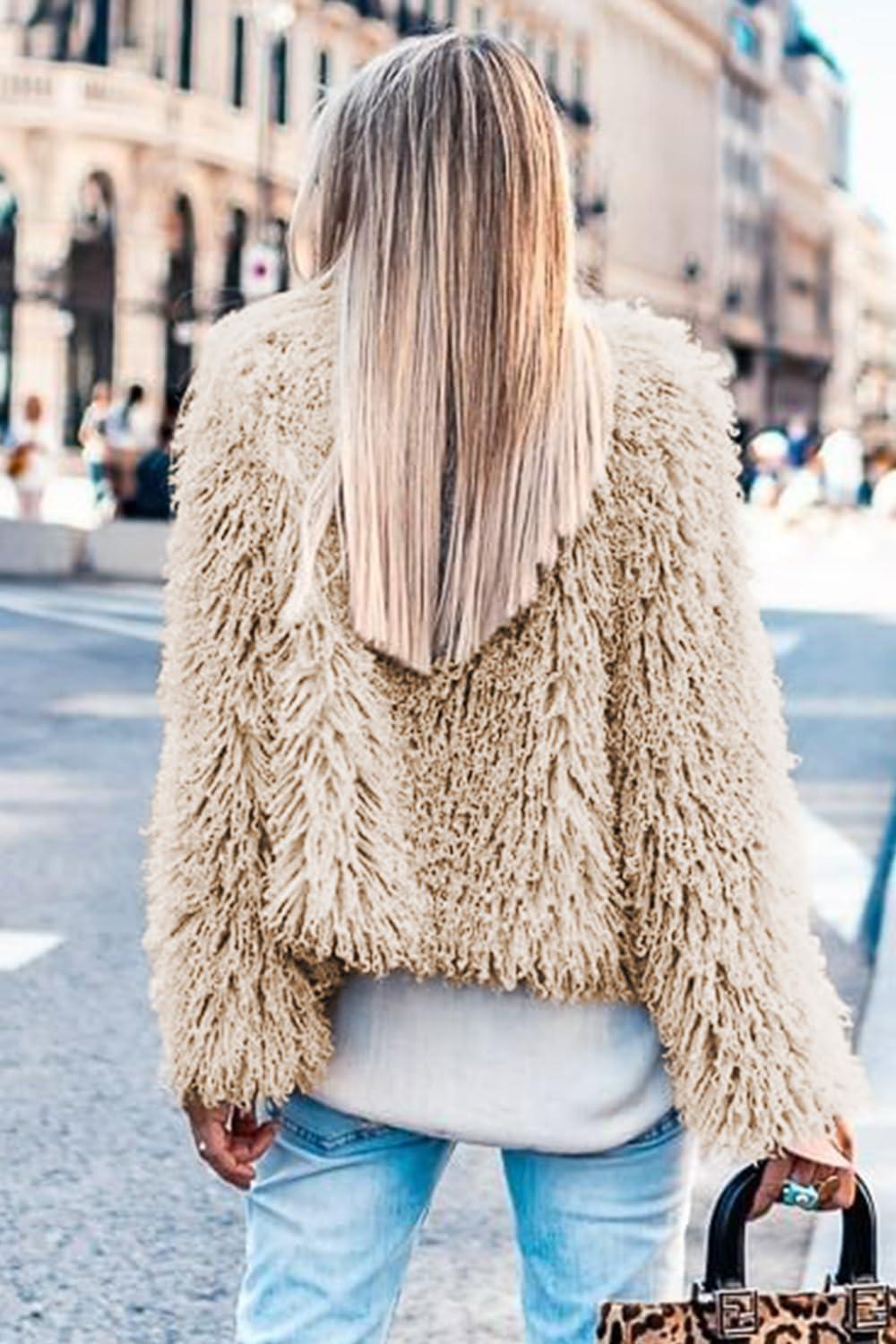 imageAoang Womens 2026 Winter Coats Fleece Cropped Jacket Faux Fur Long Sleeve Shaggy Warm Outerwear Fall ClothesApricot