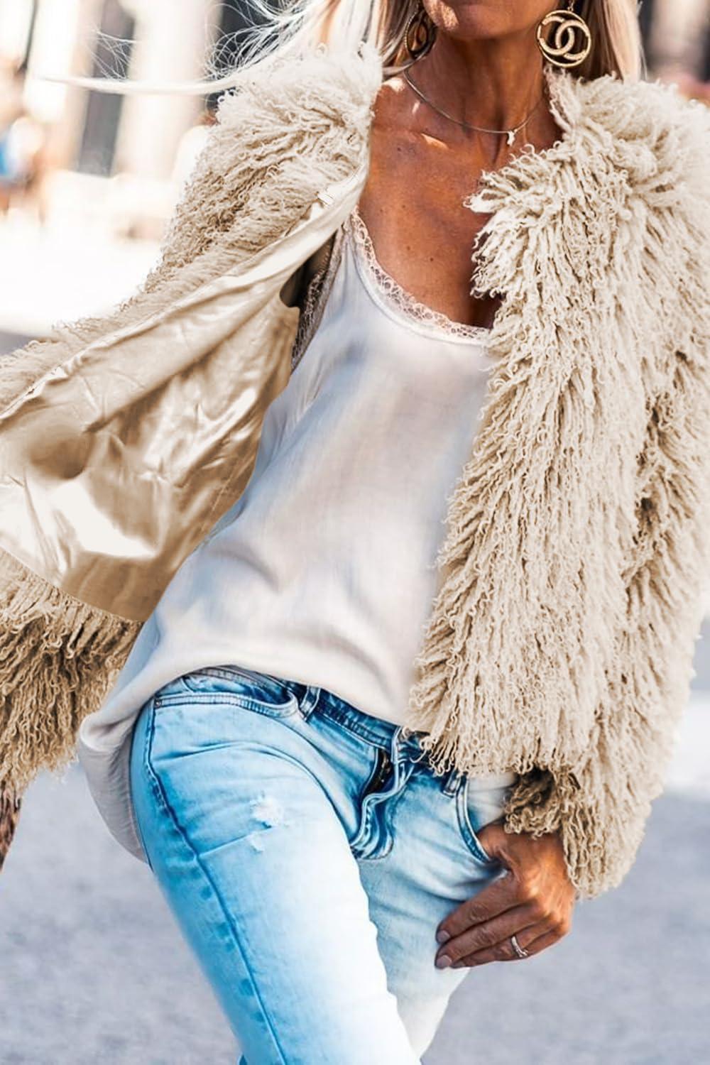 imageAoang Womens 2026 Winter Coats Fleece Cropped Jacket Faux Fur Long Sleeve Shaggy Warm Outerwear Fall ClothesApricot