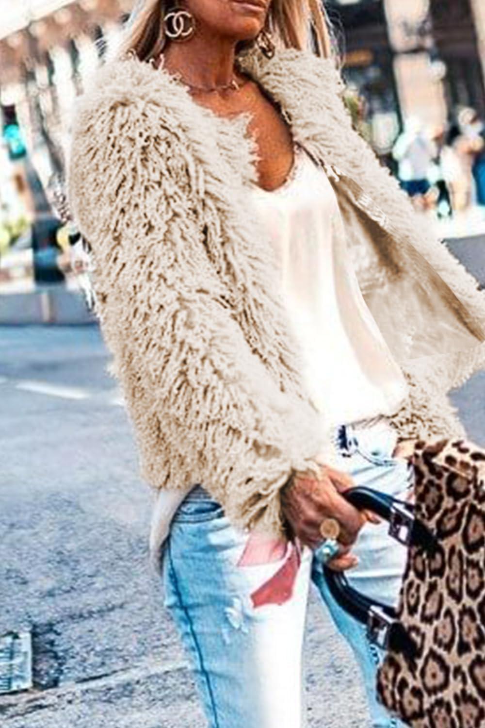 imageAoang Womens 2026 Winter Coats Fleece Cropped Jacket Faux Fur Long Sleeve Shaggy Warm Outerwear Fall ClothesApricot